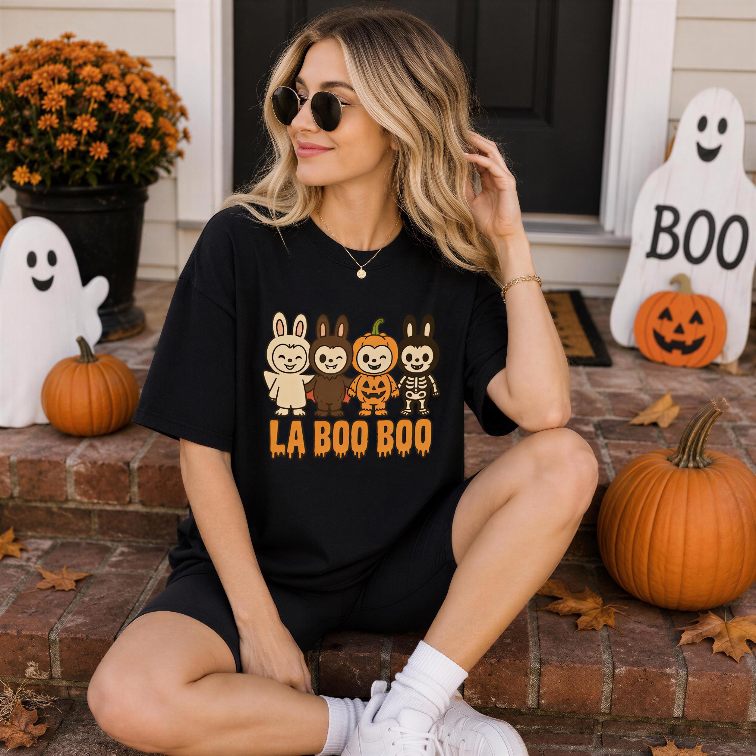 A woman wearing a black t-shirt with a Halloween-themed graphic and characters, sitting on a brick step with a pumpkin and ghost decorations nearby.