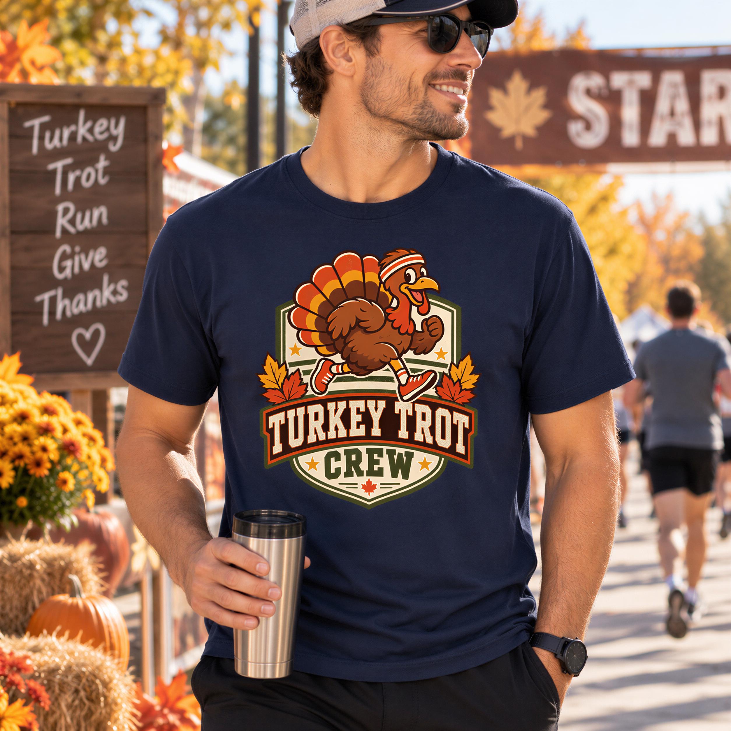 A man wearing a blue t-shirt with a turkey trot logo and the text "TURKEY TROT CREW" is walking down a street, holding a metal cup.