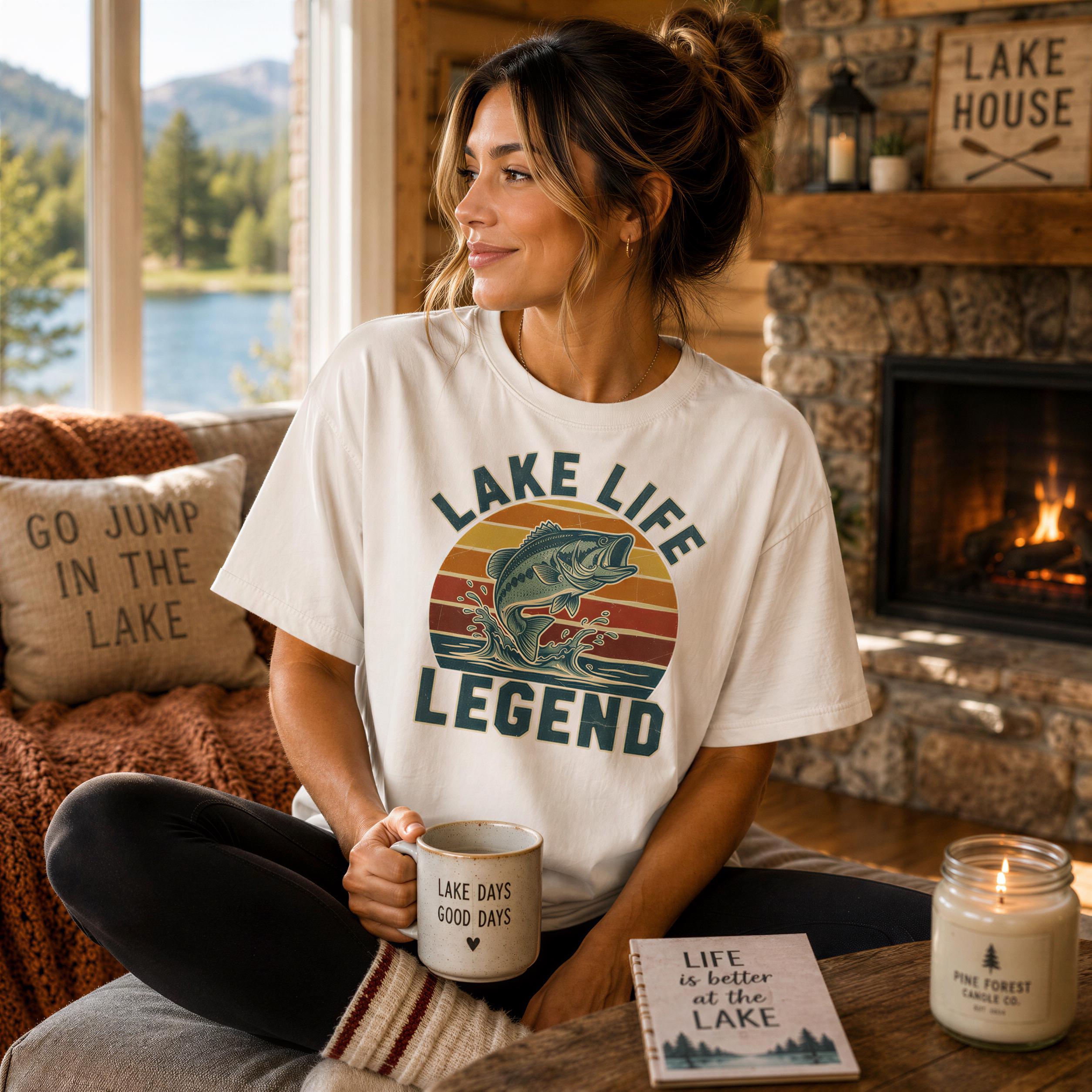 A woman sitting on a couch in a cozy cabin, wearing a white t-shirt with a graphic of a fish and the text "LAKELIFE LEGEND". She is holding a mug with the text "LAKELIFE GOOD DAYS" printed on it. In front of her on the table are a candle and a notebook with the text "LIFE is better at the LAKE" printed on it.