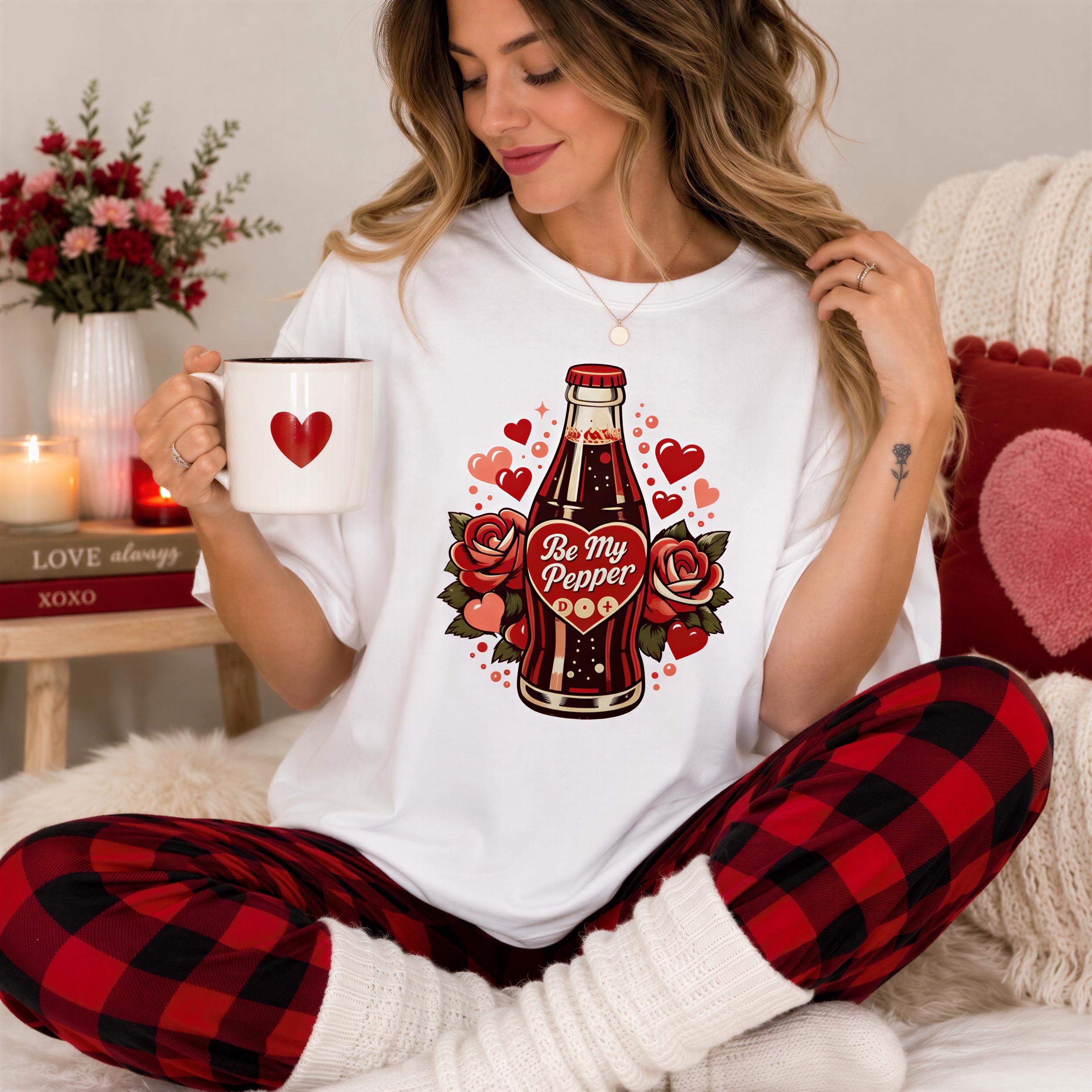 A woman wearing a white t-shirt with a graphic of a bottle of soda and hearts, sitting on a bed with a red and white plaid blanket, holding a mug with a red heart design.