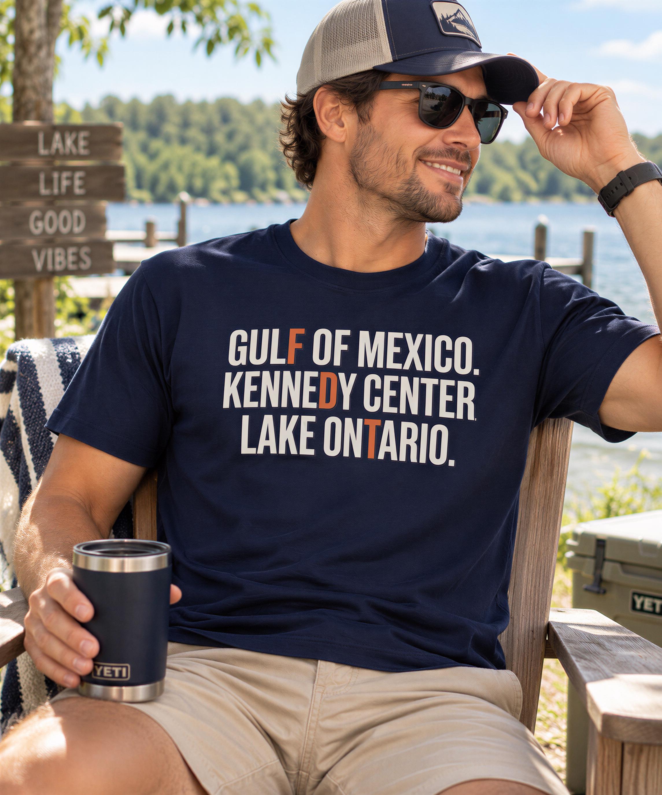 A man wearing a navy blue t-shirt with text and sunglasses is sitting in a chair, holding a cup, with a lake and trees in the background.