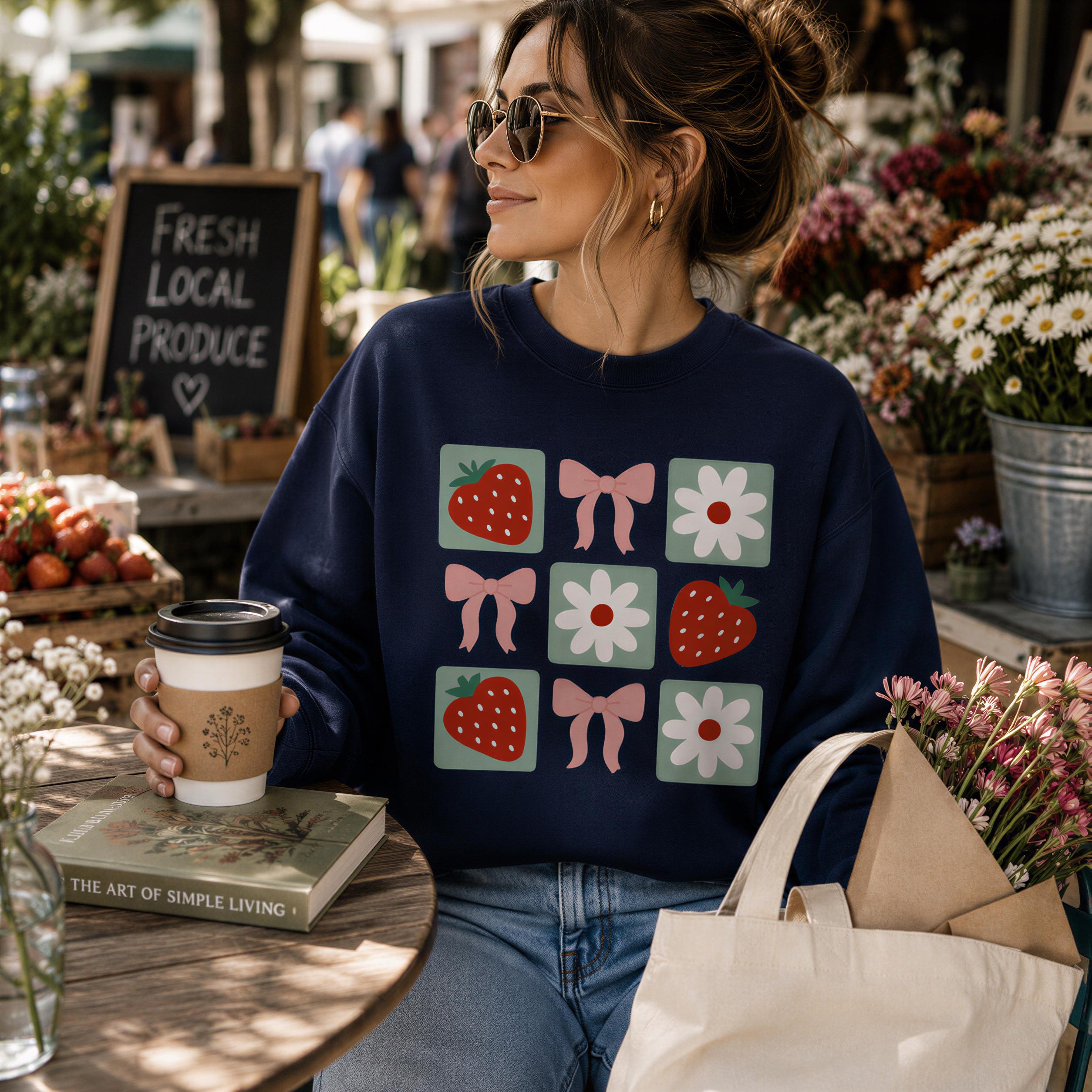 A woman wearing a navy blue sweatshirt with a graphic of strawberries and flowers is sitting at a table with a coffee cup and a book. She is surrounded by flowers and a chalkboard sign that reads "Fresh Local Produce".