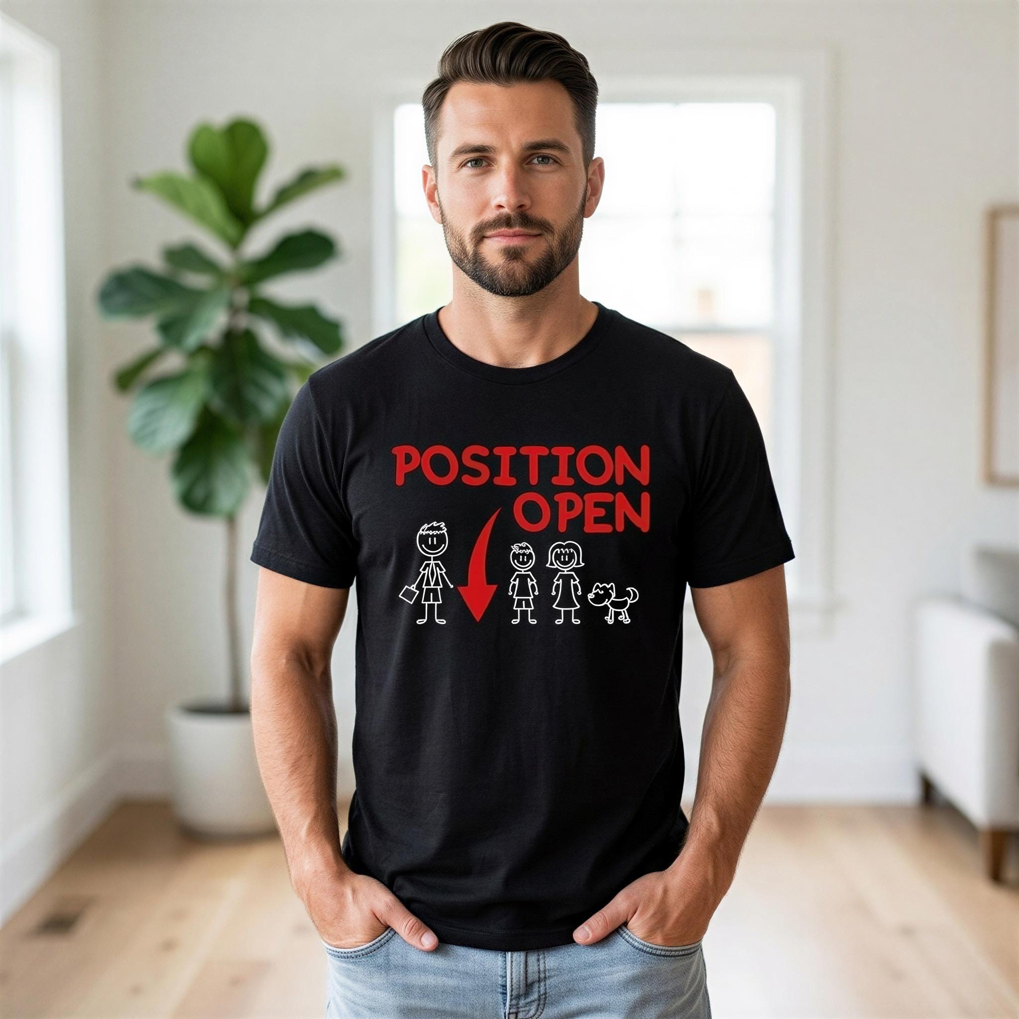 A man wearing a black t-shirt with a graphic design that says "POSITION OPEN" and features a stick figure with a dog.
