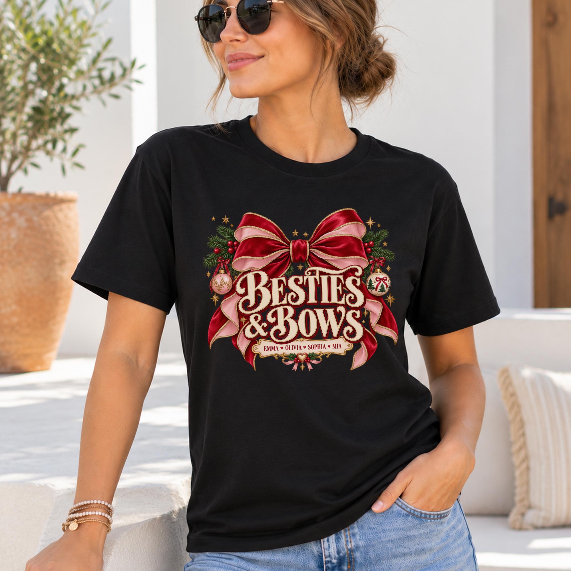 A woman wearing a black t-shirt with a graphic design featuring a large red bow and the text "Besties & Bows" in a festive style.