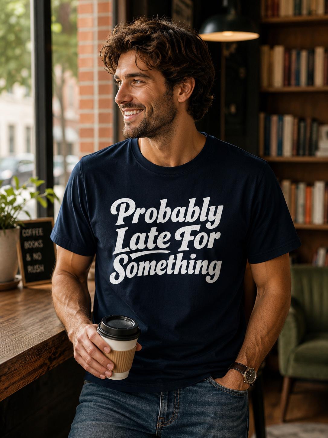 A man wearing a navy blue t-shirt with the text "Probably Late for Something" is holding a coffee cup and smiling.
