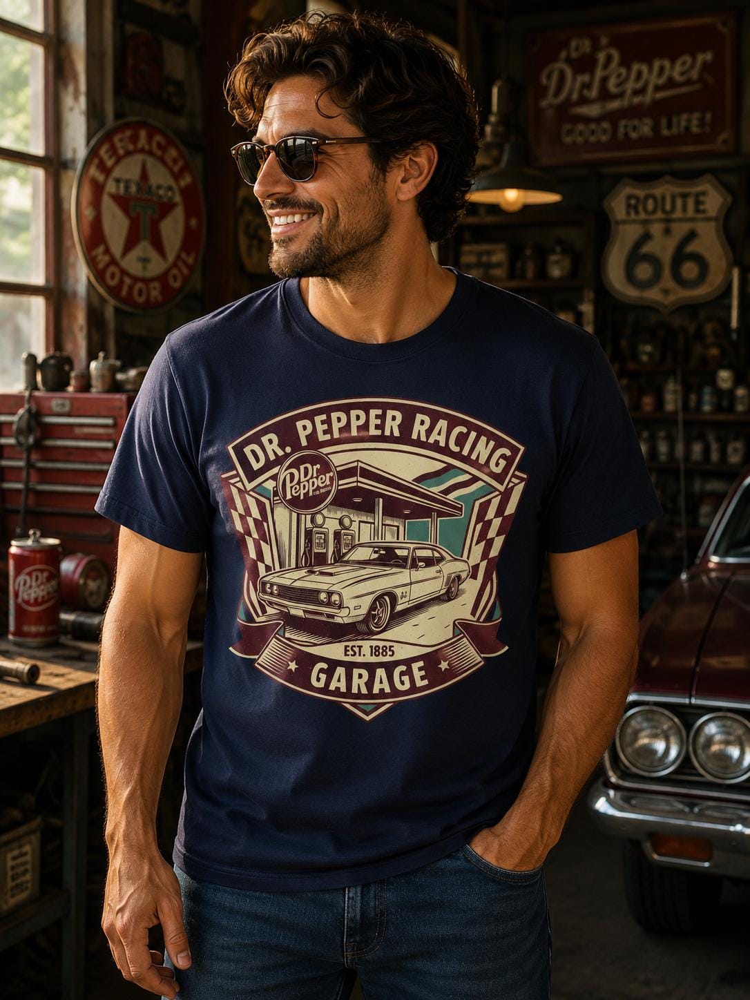 A man wearing a blue t-shirt with a graphic design of a classic car and a vintage gas station, standing in a garage setting with various car parts and memorabilia visible in the background.