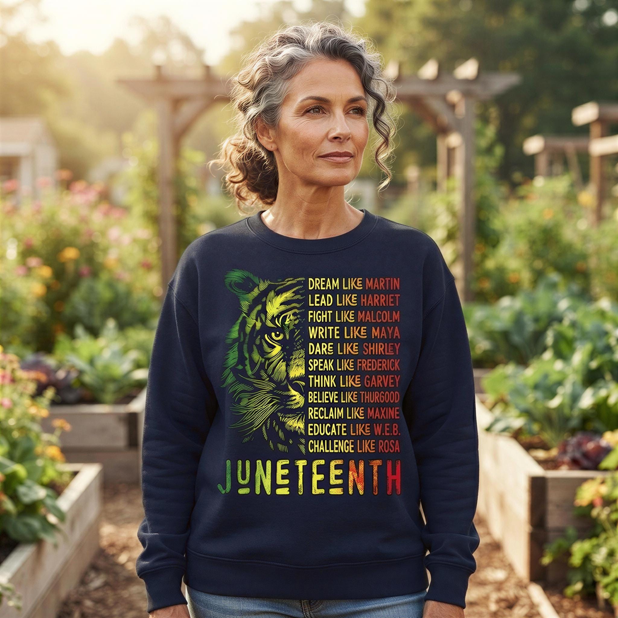 A woman wearing a black sweatshirt with a colorful graphic design and text printed on it, standing in a garden surrounded by plants.