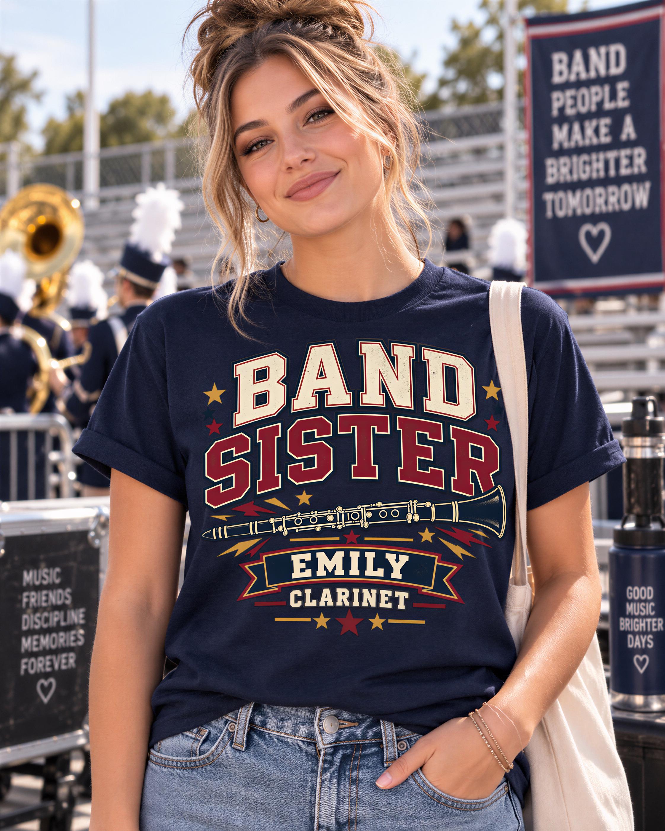 A smiling woman wearing a navy blue t-shirt with a graphic design featuring a band and the name 'EMILY CLARINET'.