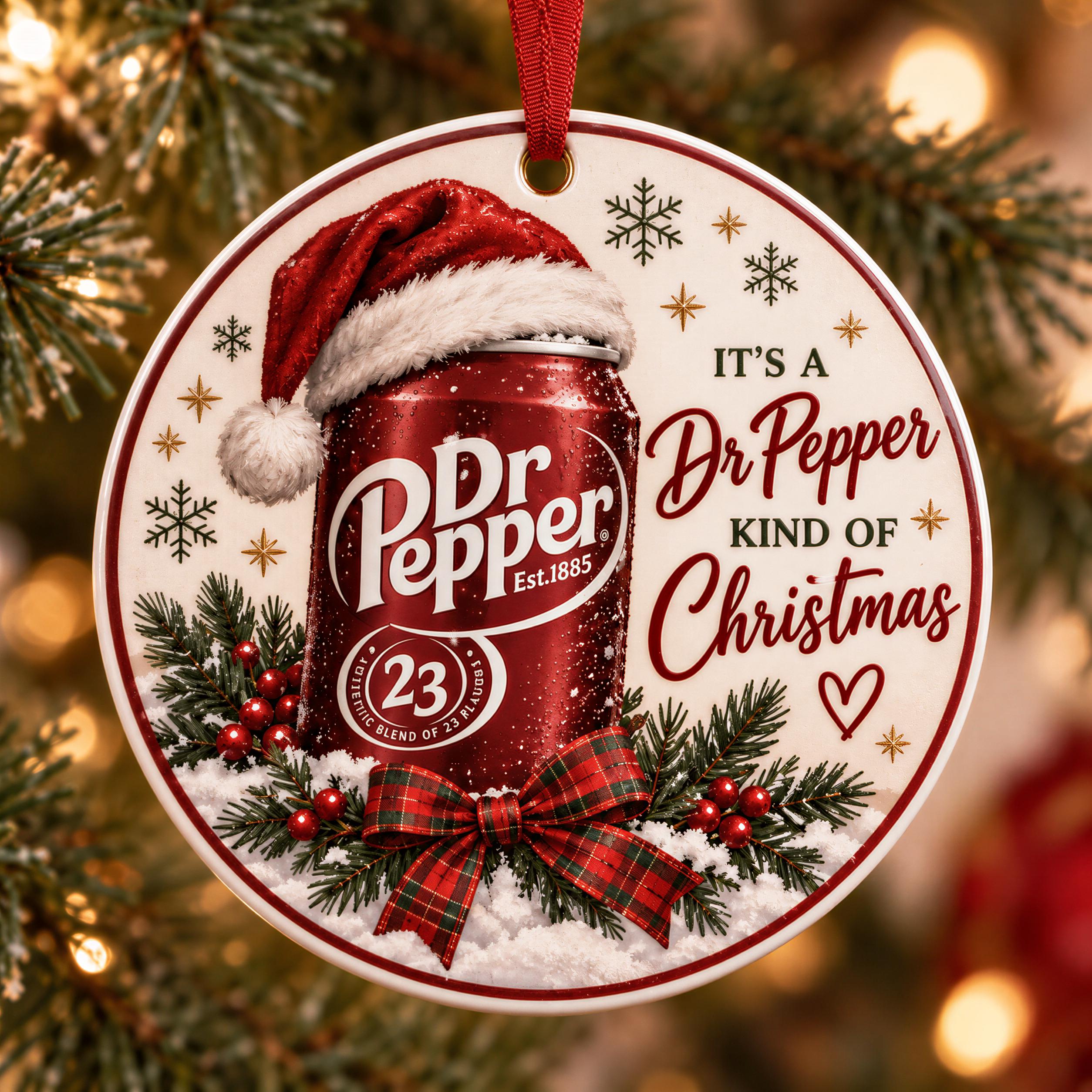 A round ornament featuring a red Dr Pepper can with a Santa hat, surrounded by pine branches, berries, and snowflakes.
