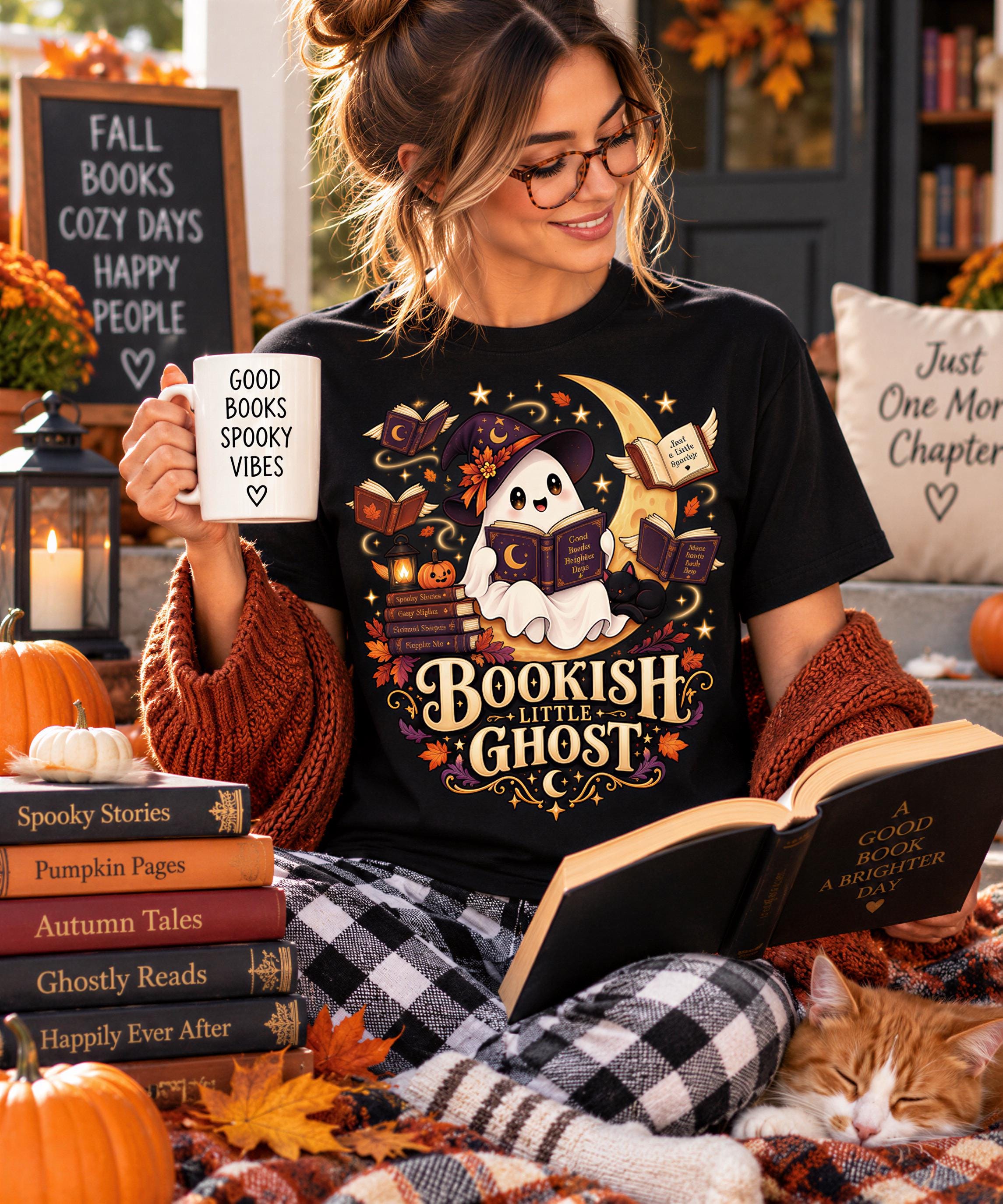 A woman in a black t-shirt with a ghost design holding a mug and reading a book, surrounded by autumn decorations and a sleeping cat.