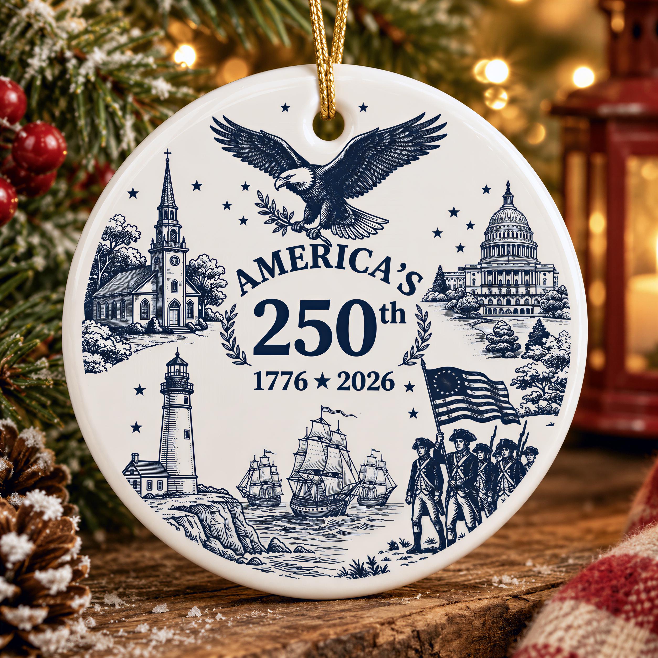 A white ceramic ornament with a blue design depicting various landmarks and symbols associated with the United States, including an eagle, lighthouse, building, and American flag.