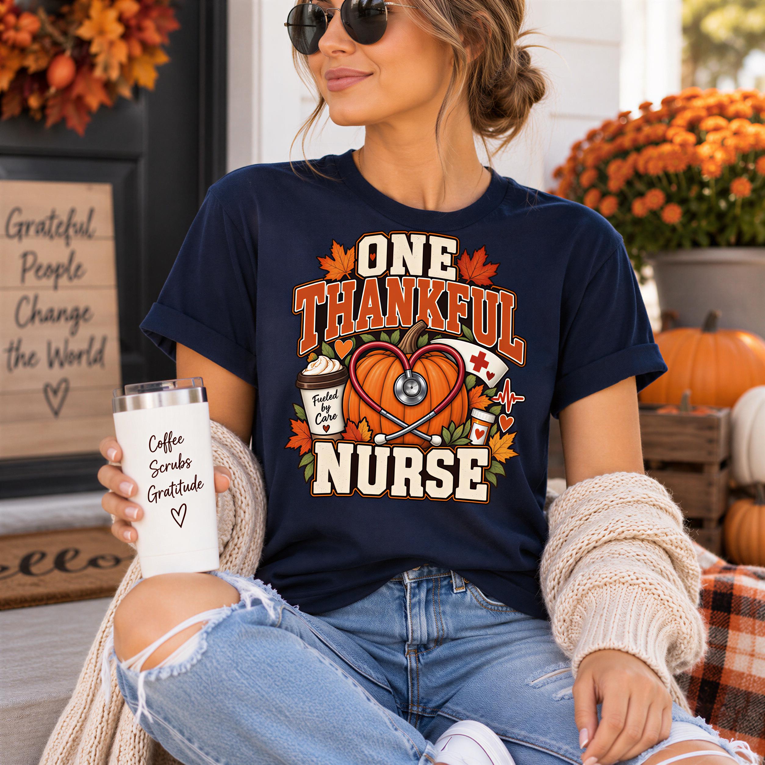 A woman wearing a blue t-shirt with a graphic design and holding a coffee mug with the text "Coffee Nurses Change the World" printed on it.