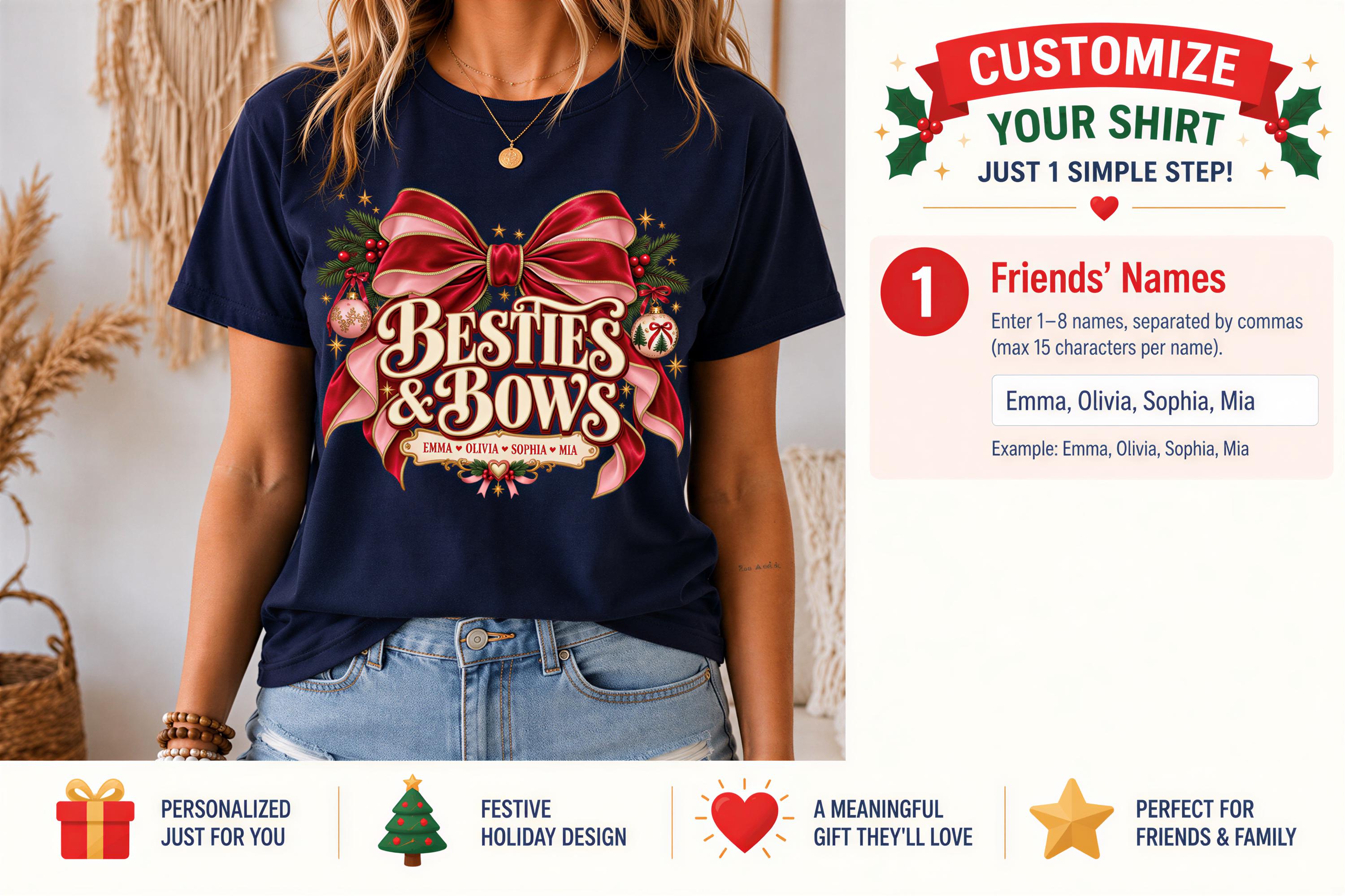 a woman wearing a blue t-shirt with a bow design, and there are various text elements and icons surrounding her.