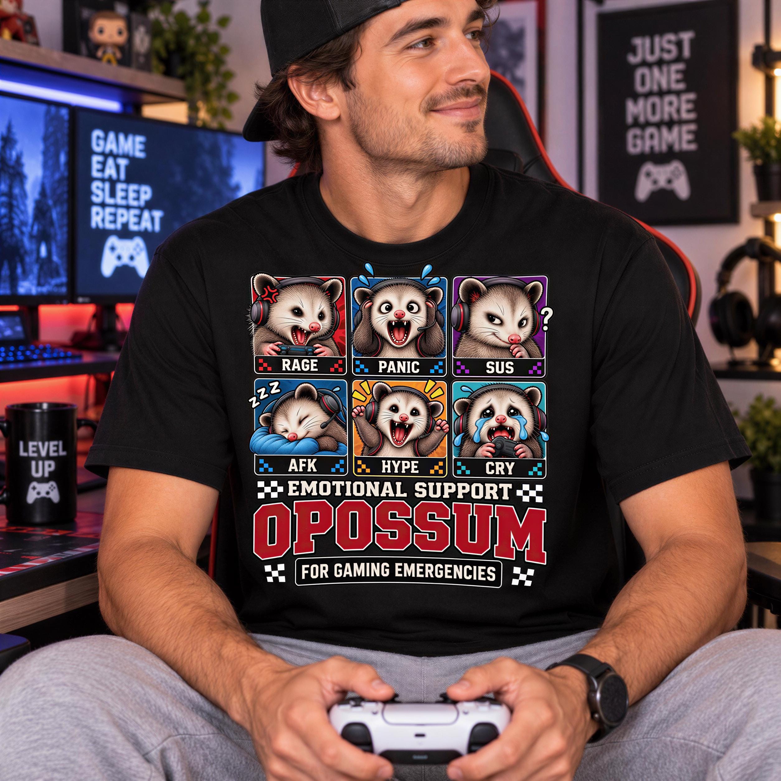 A man wearing a black t-shirt with a graphic design of a cartoon opossum displaying different emotional states, such as anger, fear, and sadness.