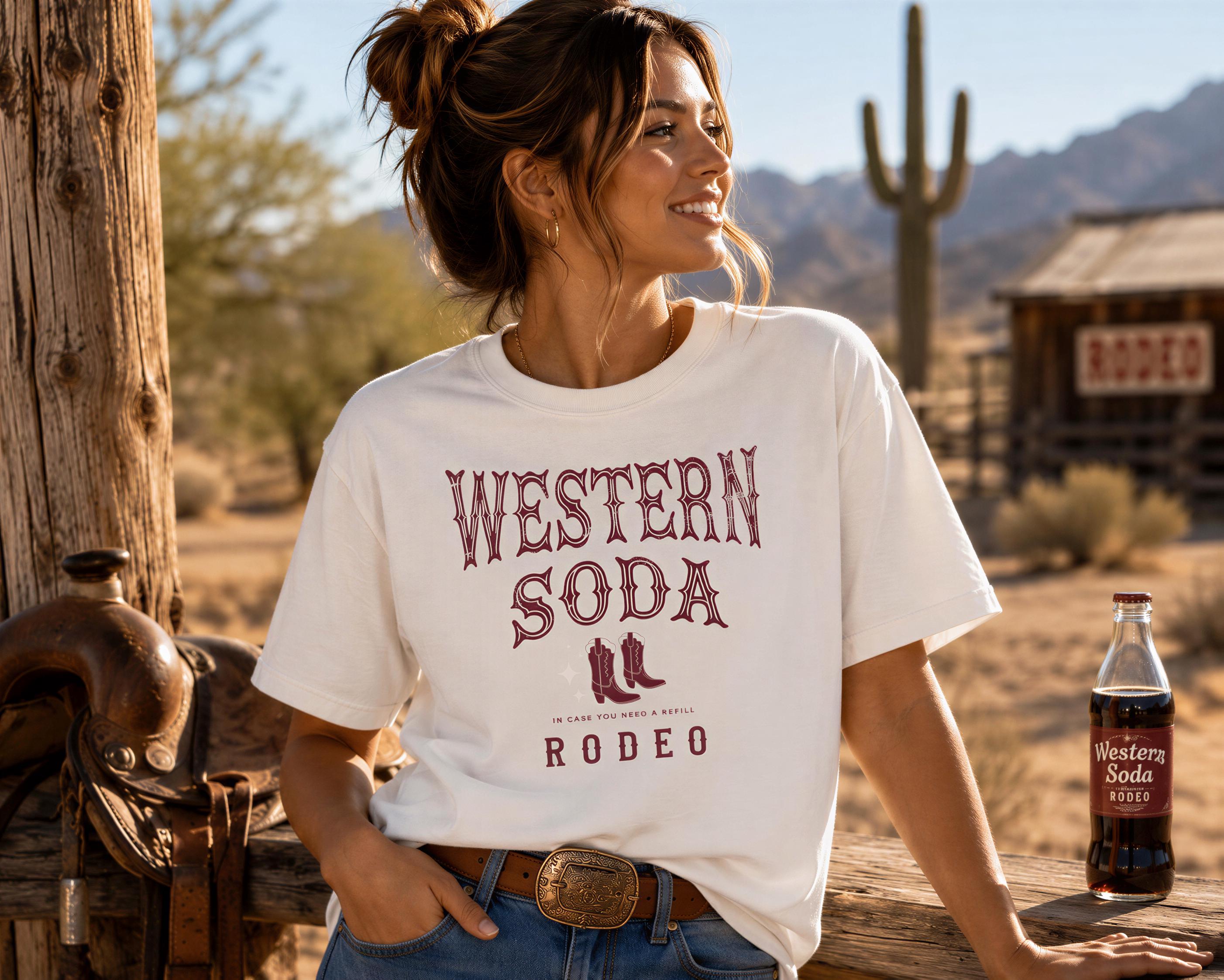 A woman wearing a white t-shirt with the text "Western Soda Rodeo" stands in front of a wooden structure, with a bottle of Western Soda Rodeo soda visible to her side.