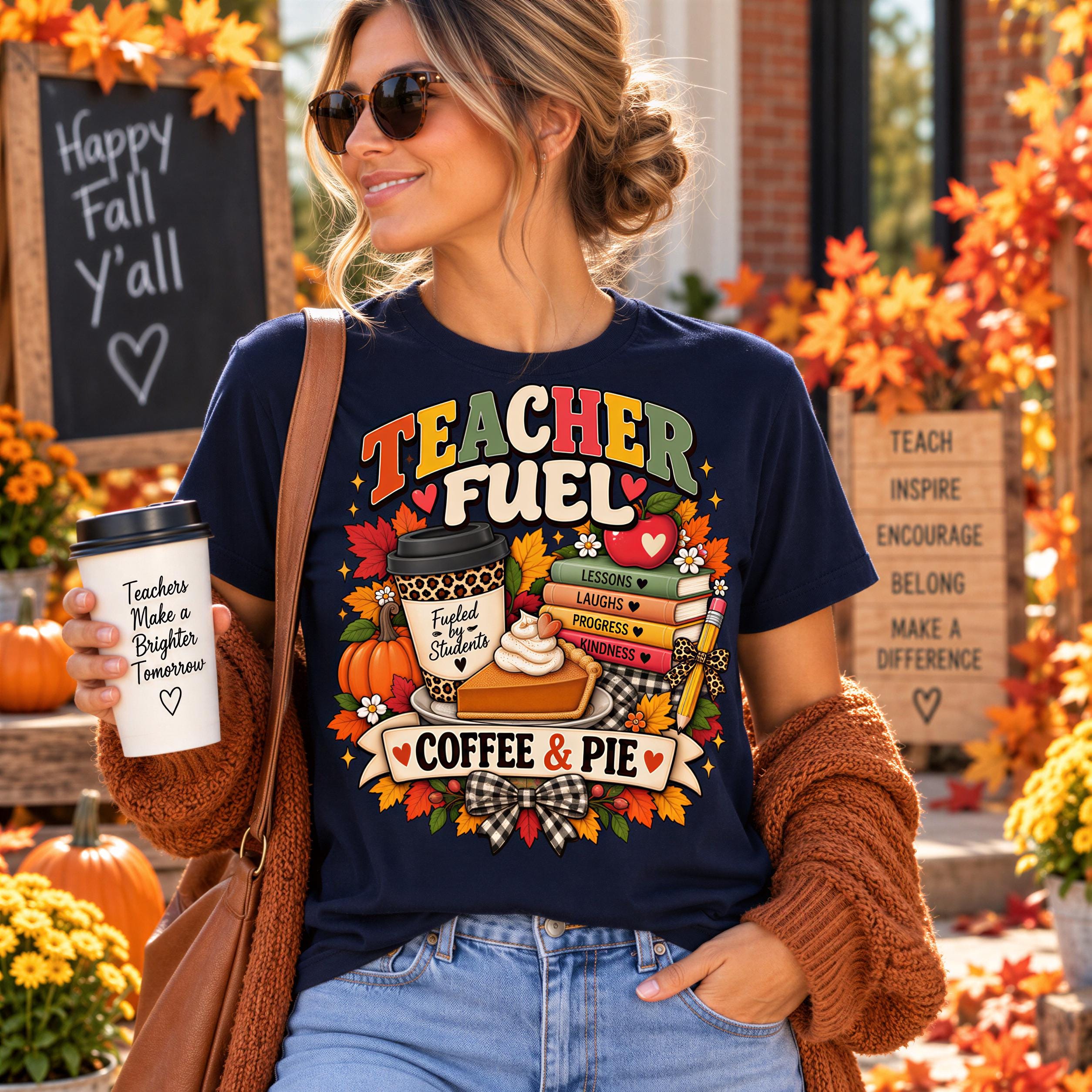 A woman wearing a blue t-shirt with a graphic design of a coffee cup and a pie, holding a coffee cup and smiling.