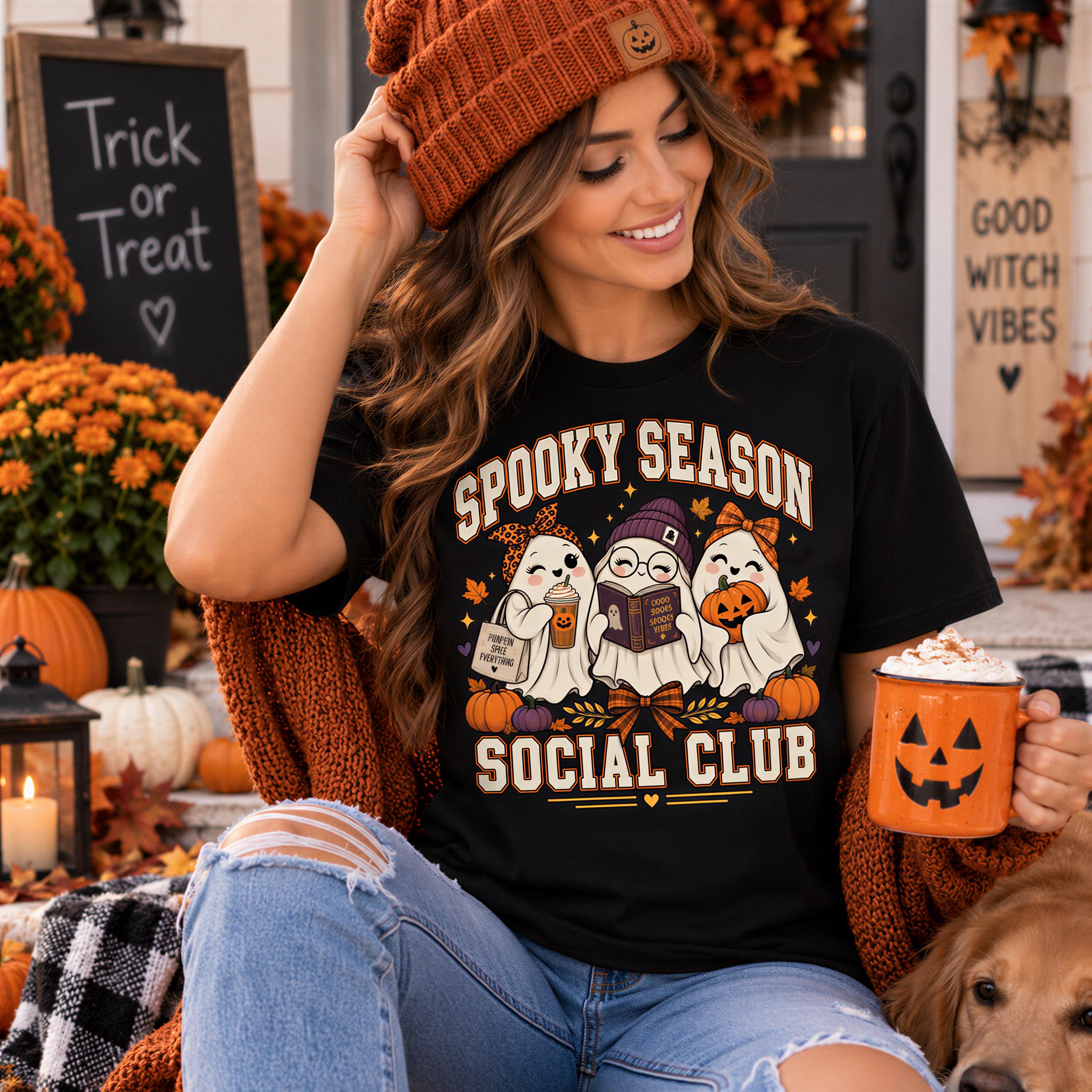 A woman wearing a black t-shirt with a graphic of three ghostly figures and the text "Spooky Season Social Club" is sitting on a porch surrounded by Halloween decorations, including pumpkins and a chalkboard sign. She is holding a mug with a carved jack-o-lantern design.