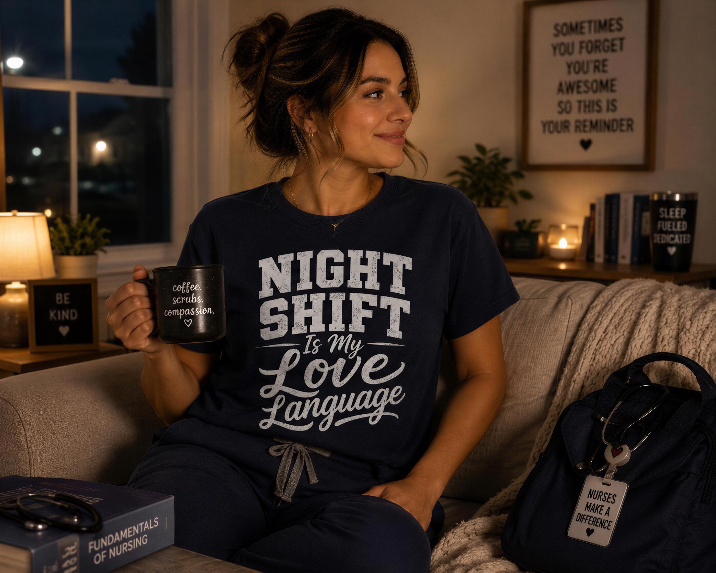 A woman sitting on a couch, holding a coffee mug and wearing a t-shirt with the text "NIGHT SHIFT is my LOVE LANGUAGE".