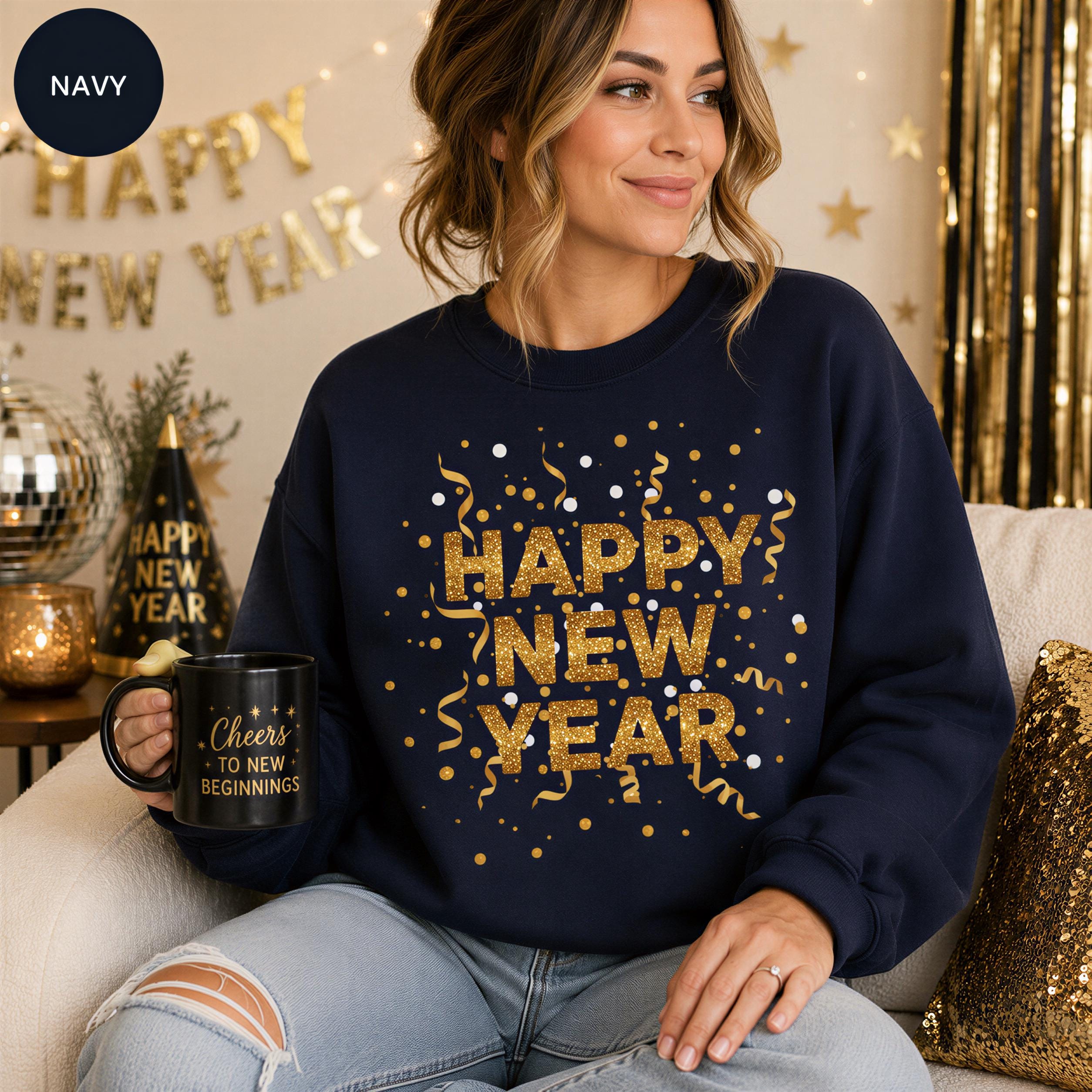A woman wearing a navy blue sweatshirt with gold glitter and the text "HAPPY NEW YEAR" is sitting on a couch, holding a black mug with the text "Cheers to new beginnings" printed on it.