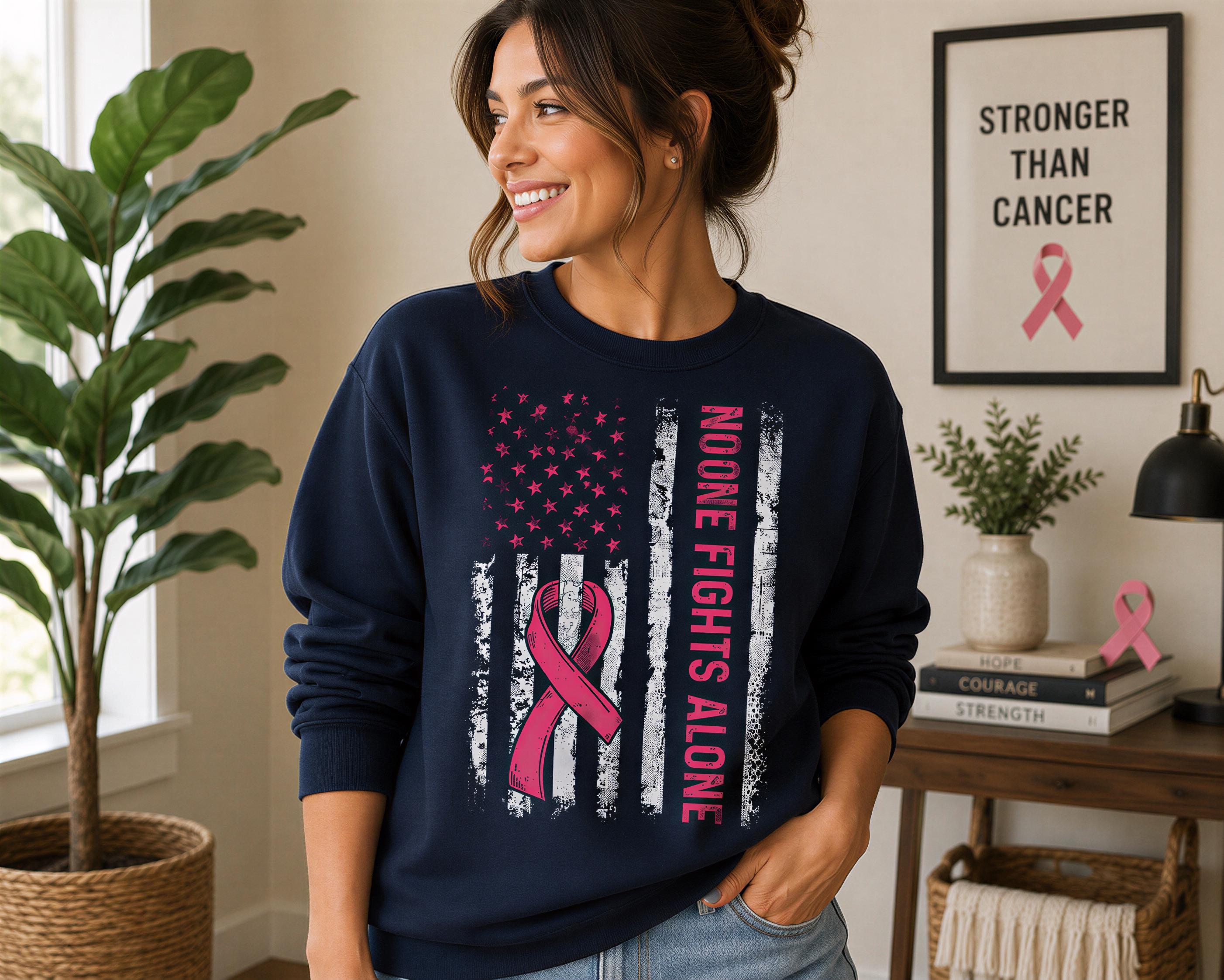 A woman wearing a navy blue sweatshirt with a pink ribbon design and the text "NONE FIGHTS ALONE" stands in a room with a plant, books, and a framed poster.