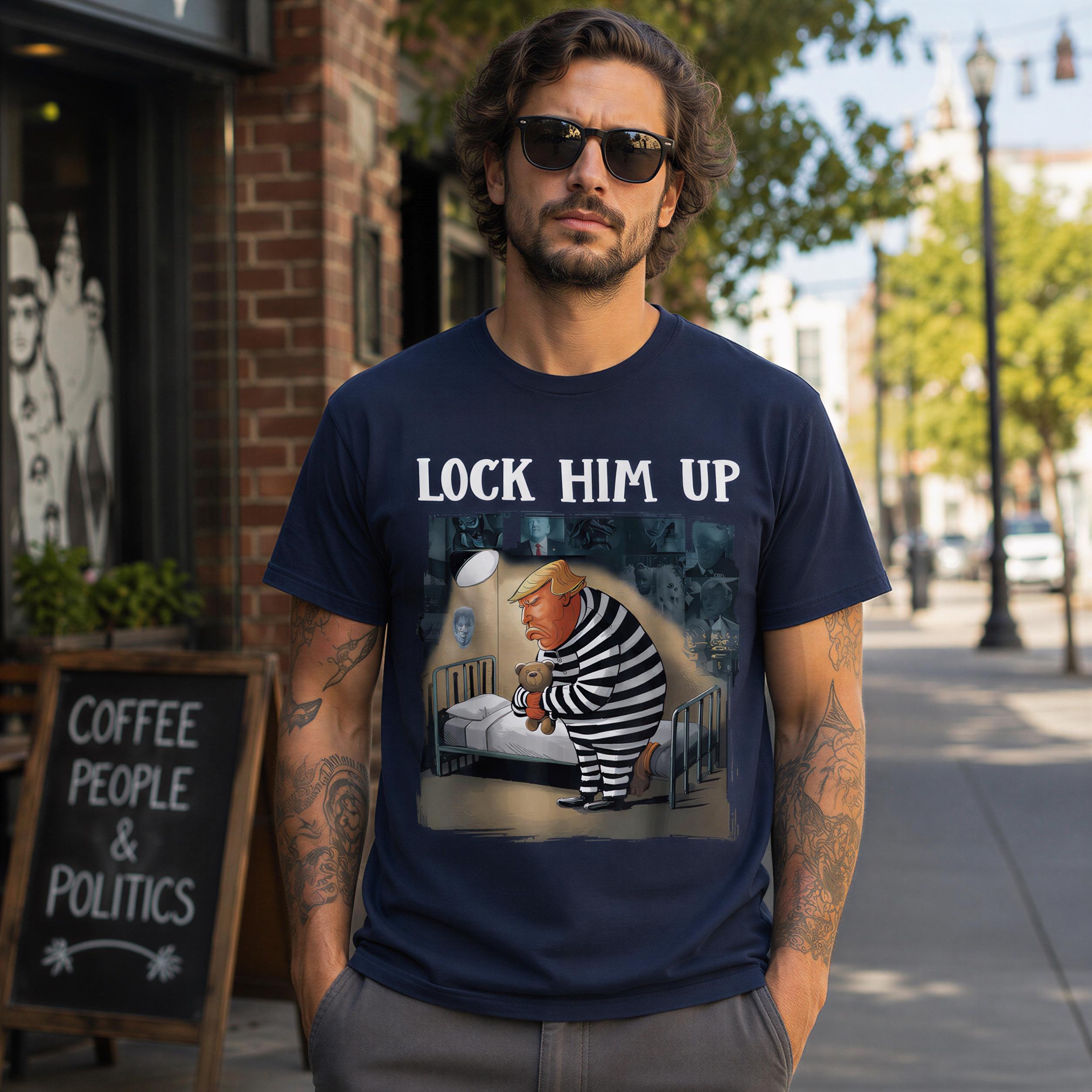A man wearing a blue t-shirt with a cartoon image of a man in a wheelchair and the text "LOCK HIM UP" is standing on a city street.