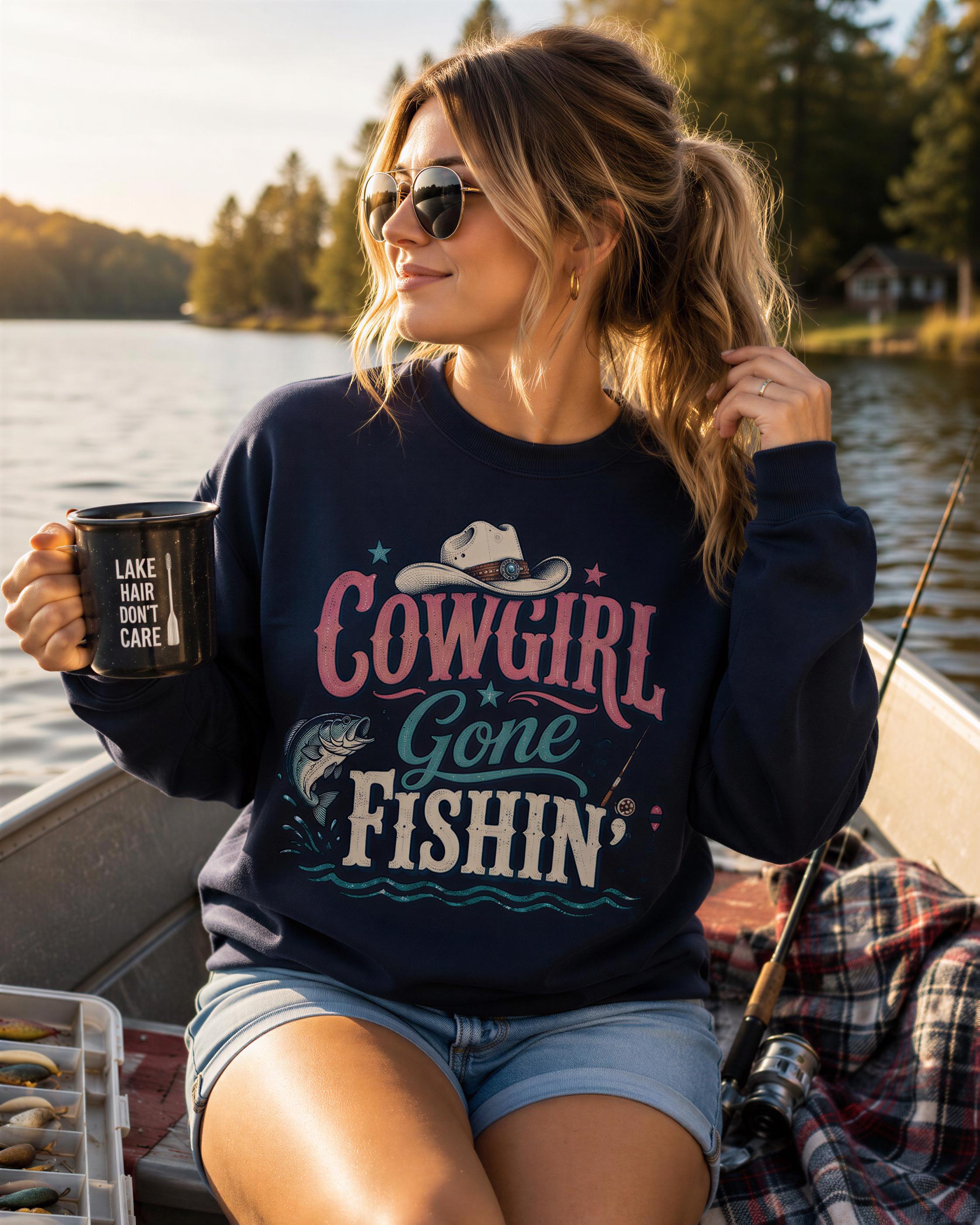 A woman wearing sunglasses and a blue sweatshirt with a graphic design is sitting on a boat, holding a coffee mug and smiling.