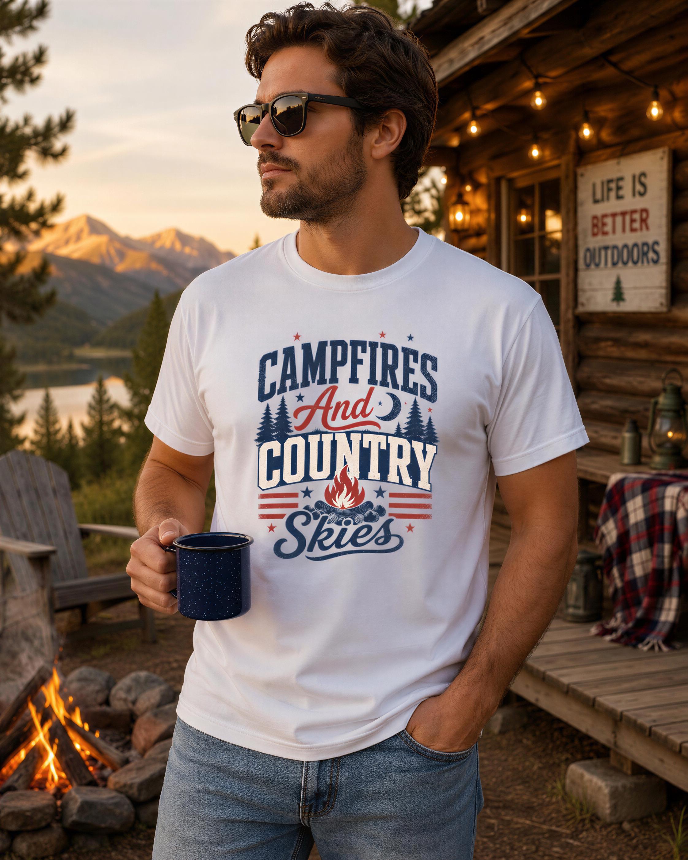 A man wearing a white t-shirt with a graphic design stands in front of a wooden cabin with a campfire, holding a blue mug.
