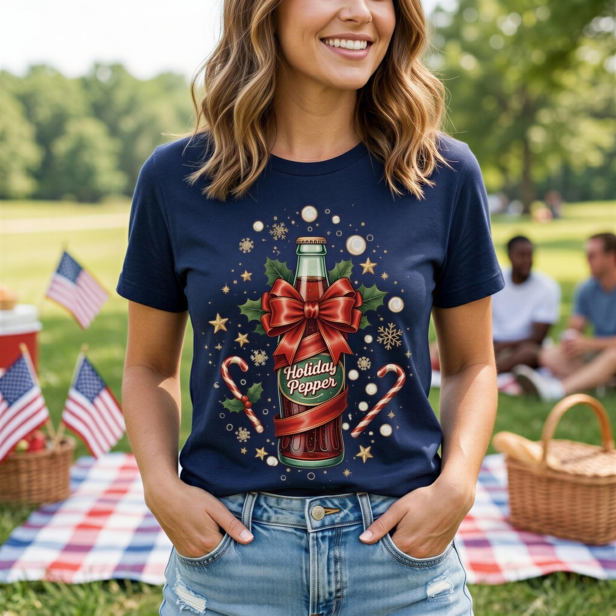 A woman wearing a navy blue t-shirt with a graphic of a bottle of Coca-Cola surrounded by holiday decorations, including a red bow and stars, standing in a park with American flags and a picnic blanket in the background.