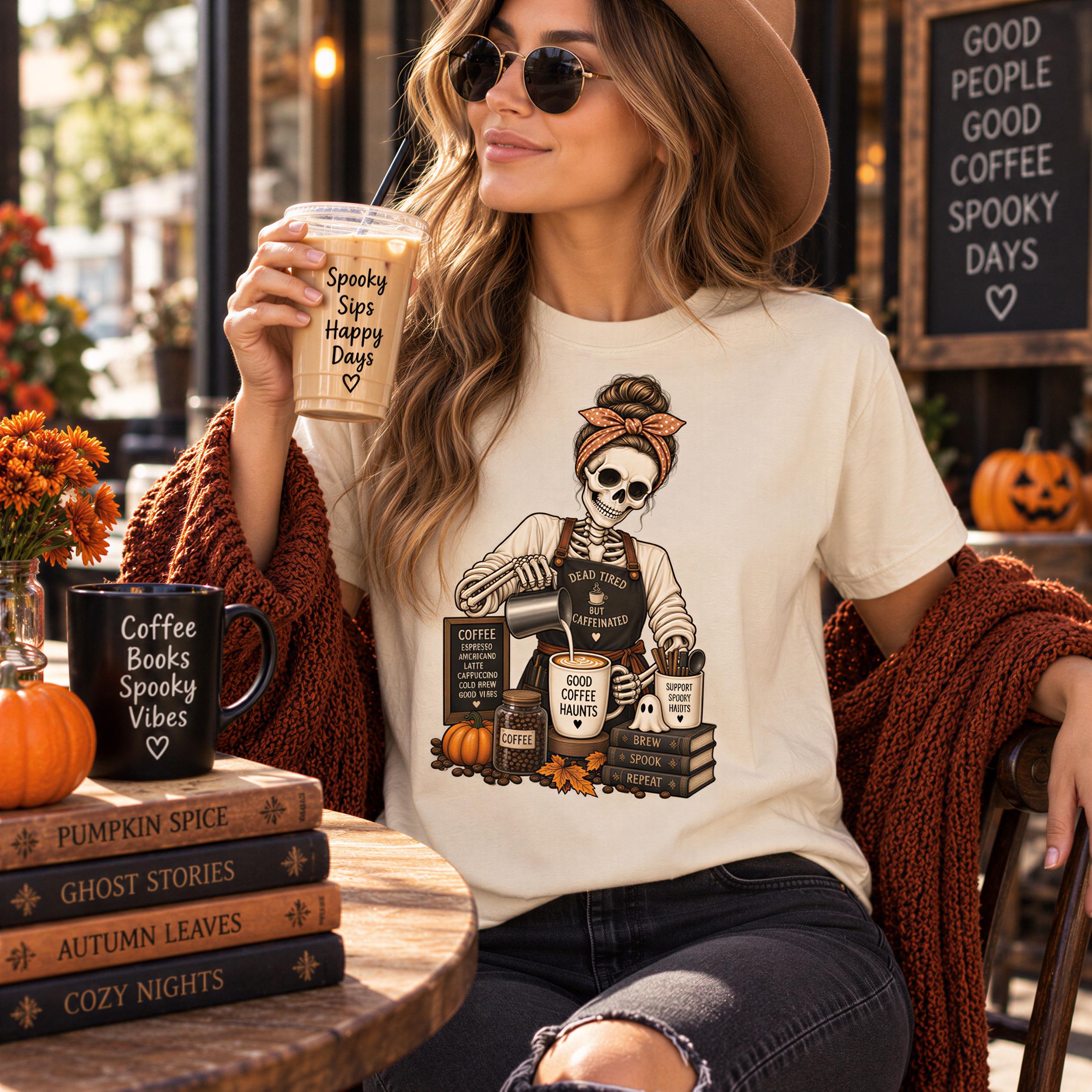 A woman wearing a white t-shirt with a skeleton graphic and holding a coffee drink is sitting at a table with books and pumpkins.
