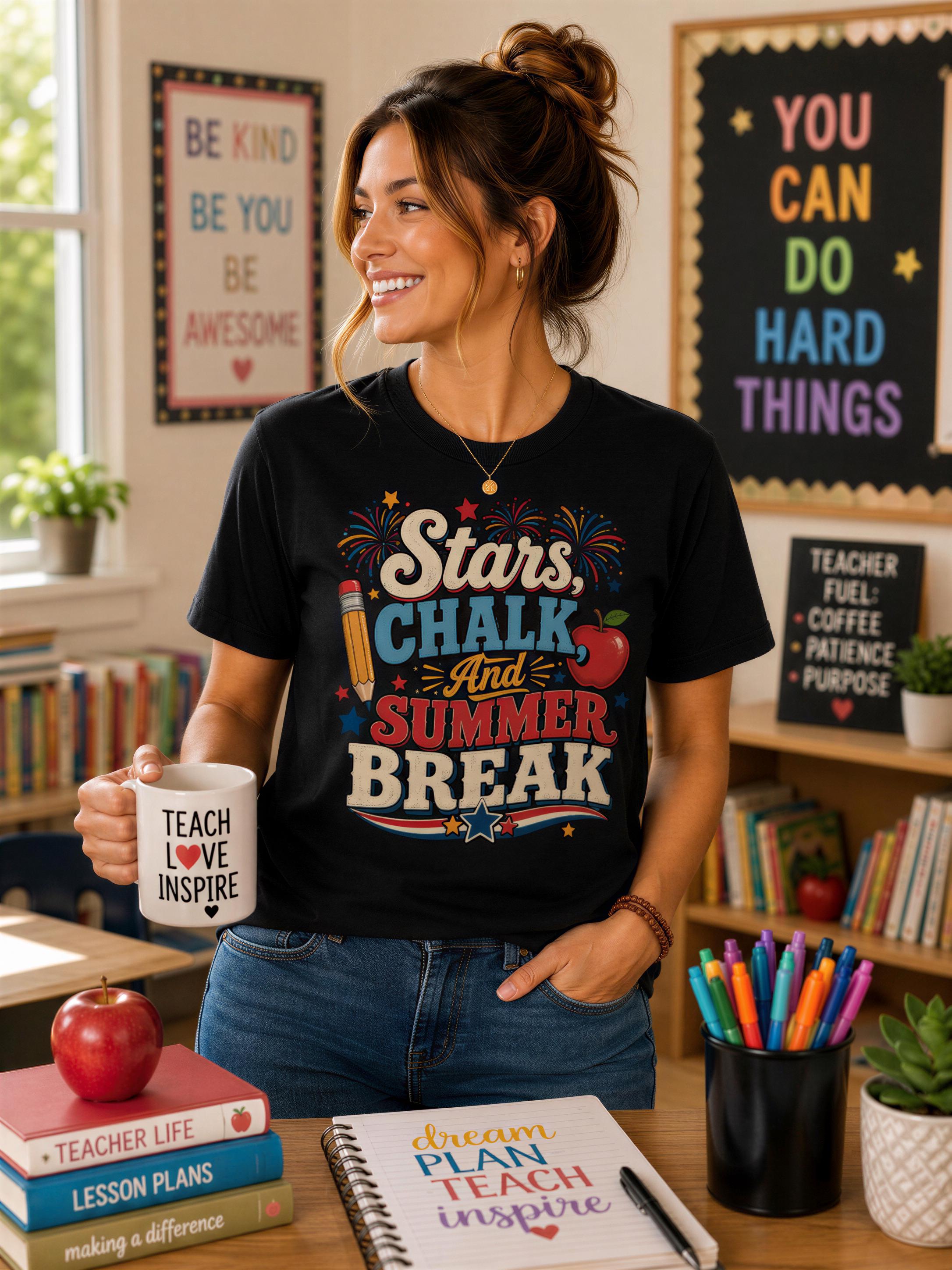 A woman wearing a black t-shirt with a colorful design holding a mug with the text "Teach to Inspire" is standing in a classroom setting with books, a bulletin board, and a potted plant.
