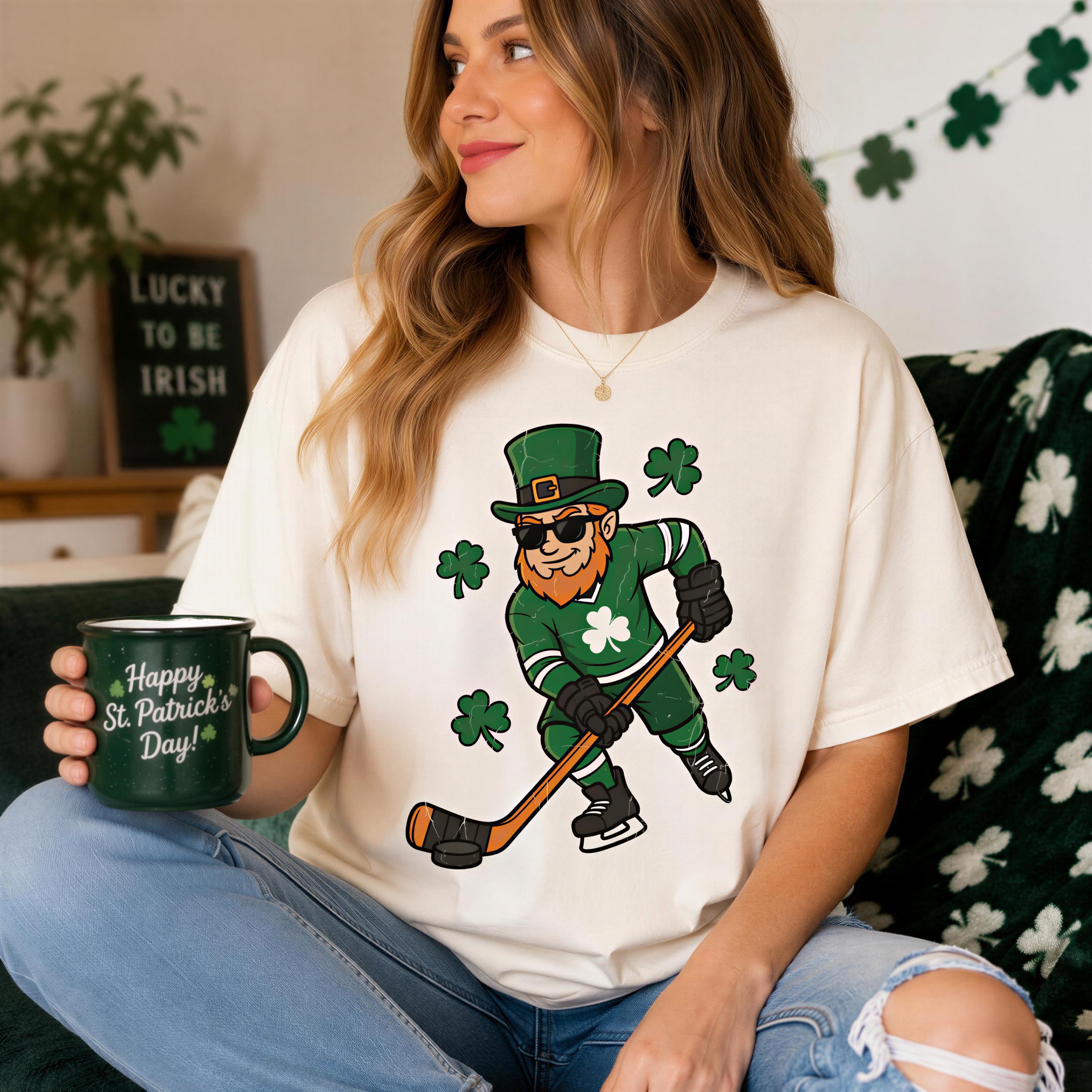 A woman wearing a white t-shirt with a cartoon leprechaun playing hockey and holding a mug with the text "Happy St. Patrick's Day!"
