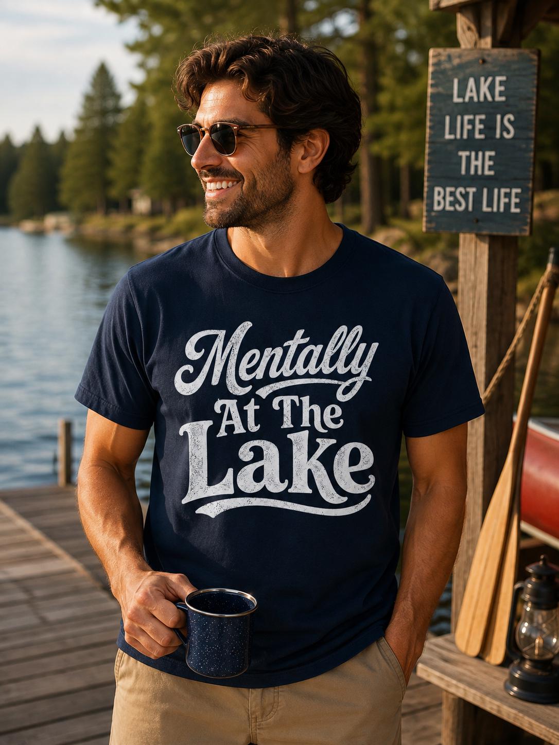 A man wearing a navy blue t-shirt with the text "Mentally At The Lake" is standing on a dock near a lake, holding a mug and smiling.