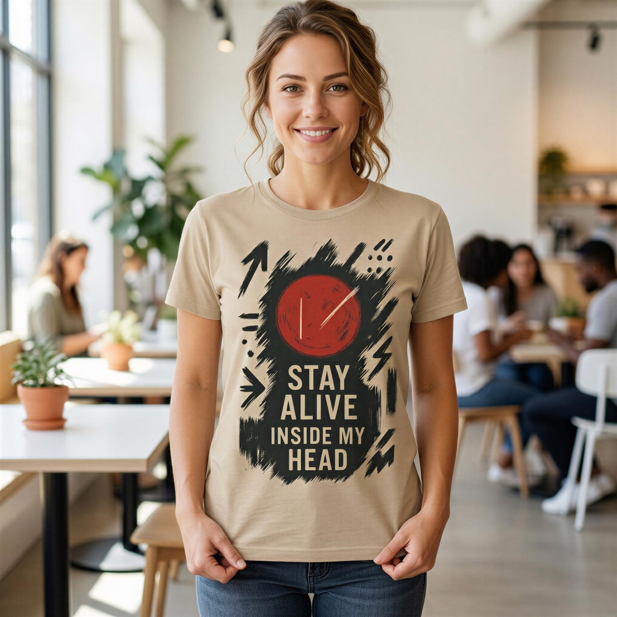 A woman wearing a t-shirt with a graphic design stands in a room with other people in the background.