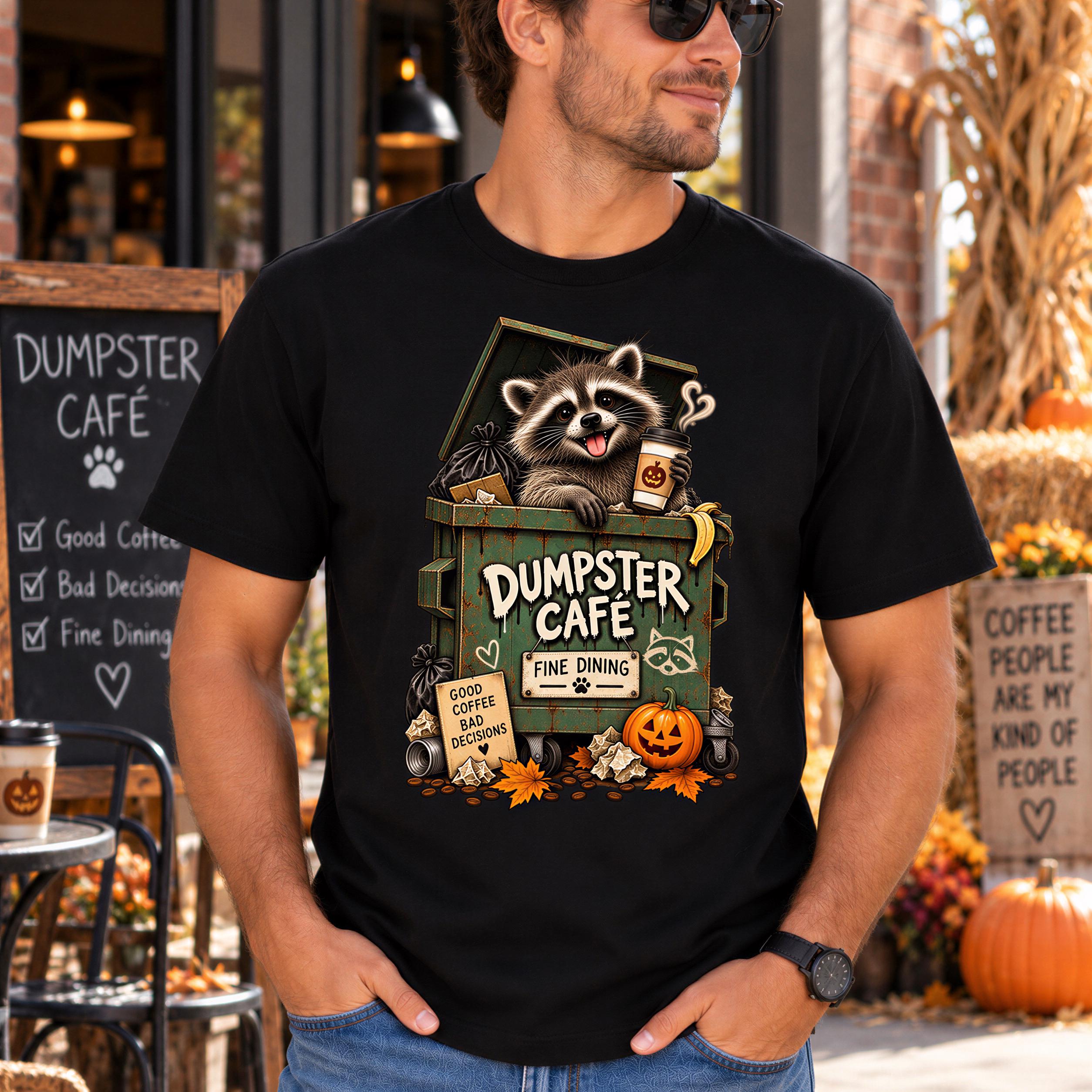 A man wearing a black t-shirt with a graphic design of a raccoon sitting in a dumpster, surrounded by various fall-themed elements such as a pumpkin, leaves, and a sign for the Dumpster Cafe.