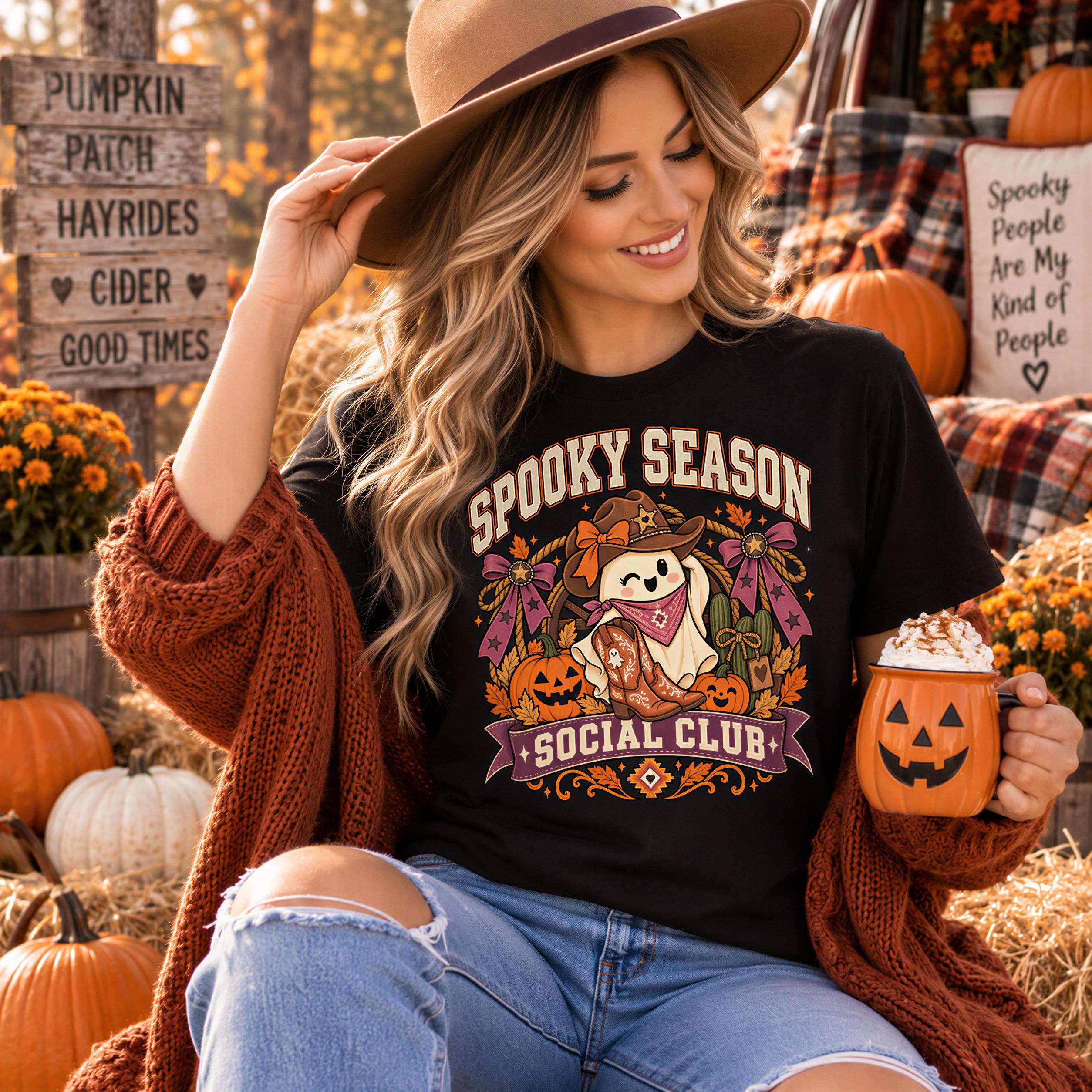 A woman wearing a black t-shirt with a Halloween-themed graphic and a brown hat is sitting in front of a pumpkin patch, holding a pumpkin-shaped mug.