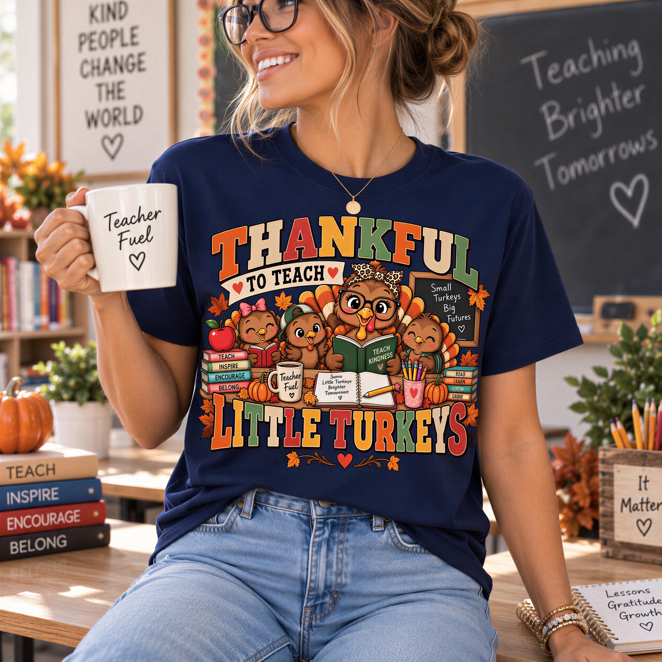 A woman wearing a blue t-shirt with a graphic design of turkeys and a message about being a teacher, holding a coffee mug with a message about being a teacher.