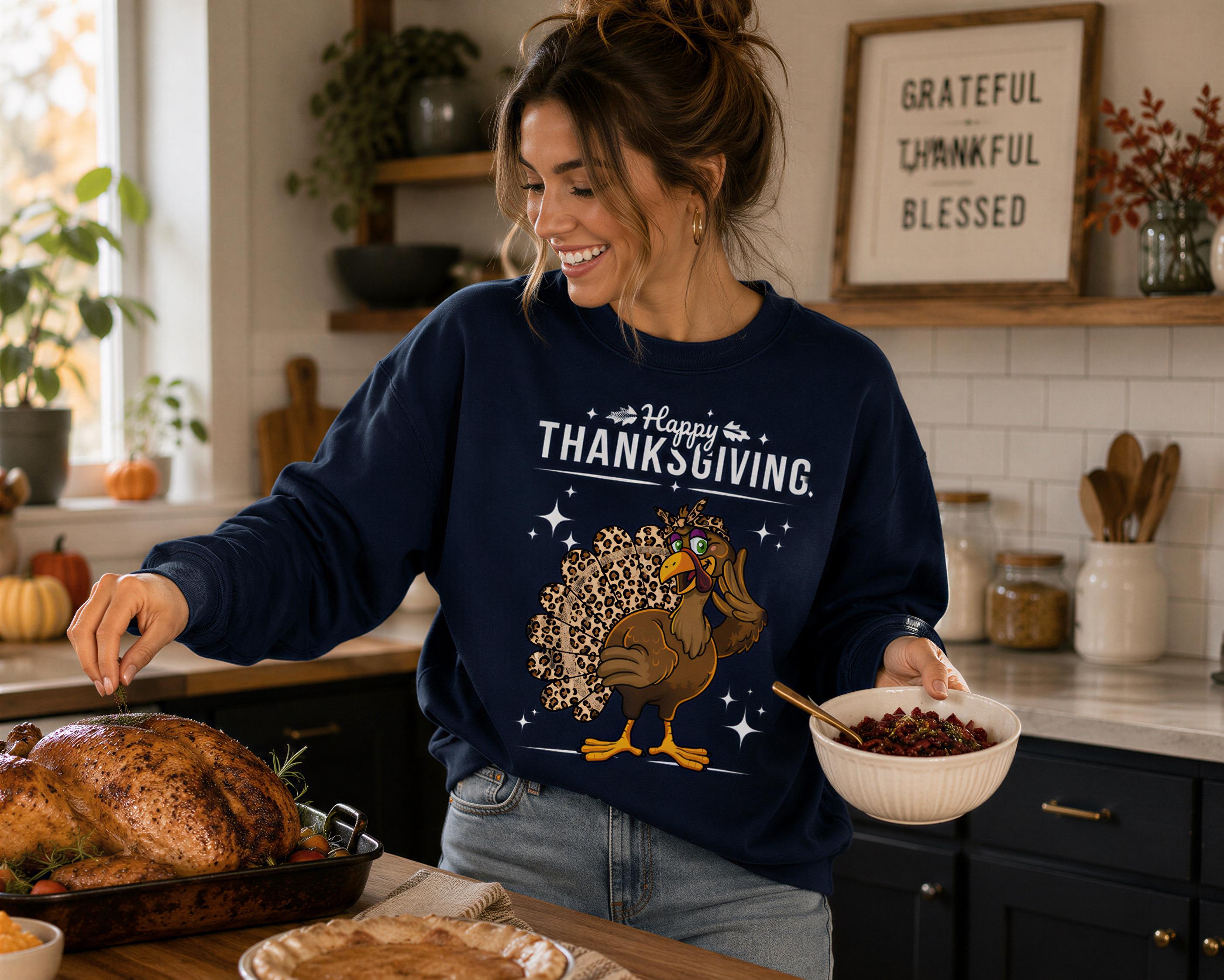 A woman in a blue sweatshirt with a turkey graphic is preparing a Thanksgiving meal in a kitchen, holding a bowl of cranberry sauce and a turkey.