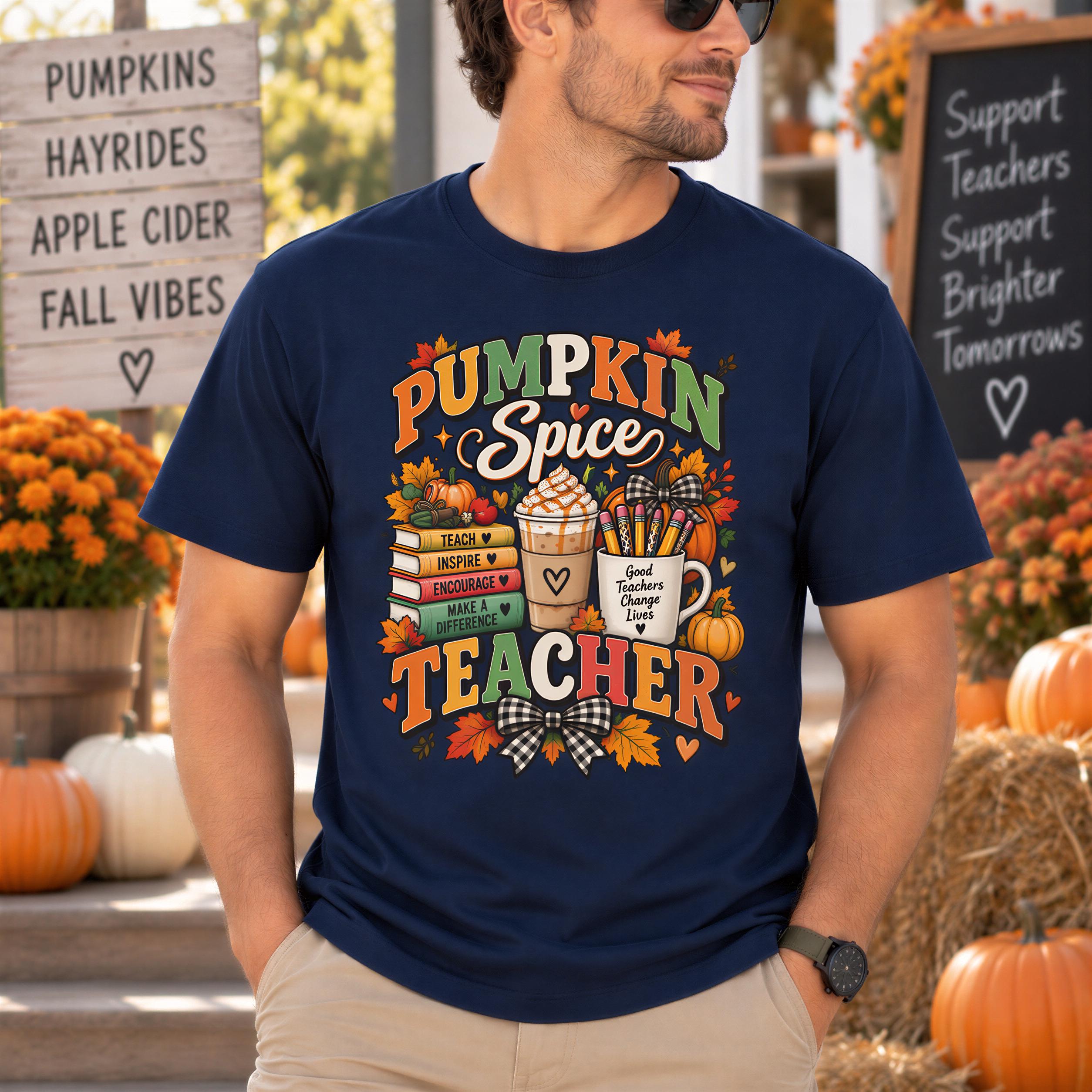 A man wearing a blue t-shirt with a pumpkin spice design and text related to teachers, standing in front of a sign with fall-themed decorations.