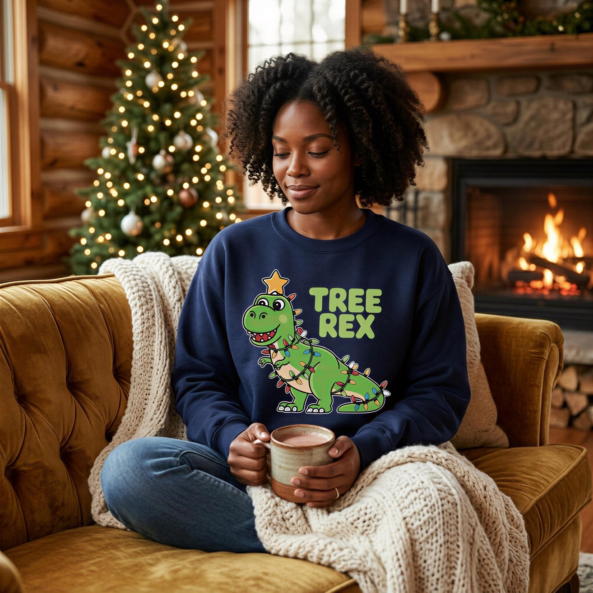 A woman sits on a couch in front of a fireplace, wearing a blue sweatshirt with a cartoon dinosaur and the text "TREE REX".
