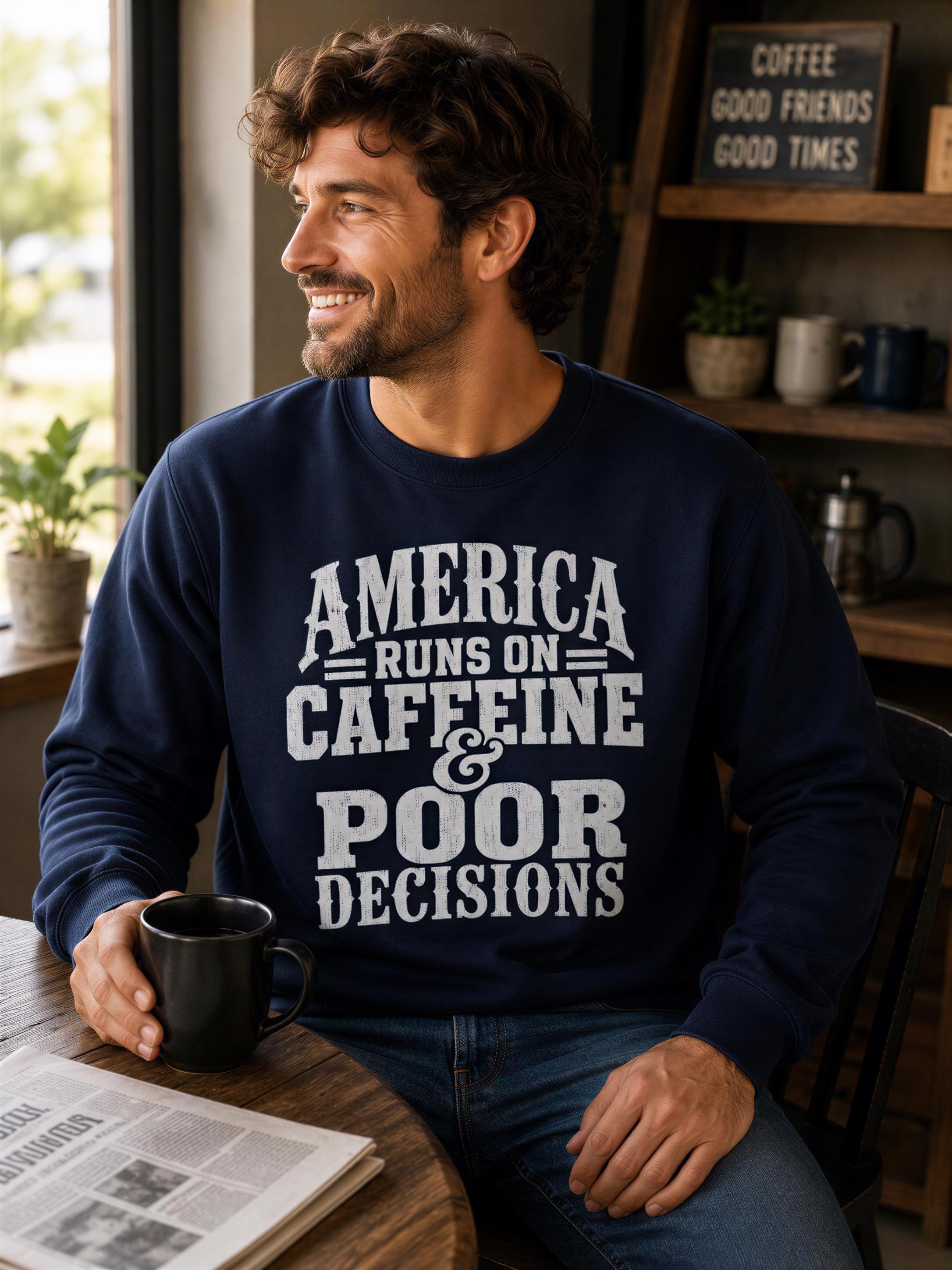 A man wearing a navy blue sweatshirt with the text "AMERICA RUNS ON CAFFEINE & PORP" is sitting at a table in a coffee shop, holding a black coffee mug and reading a newspaper.