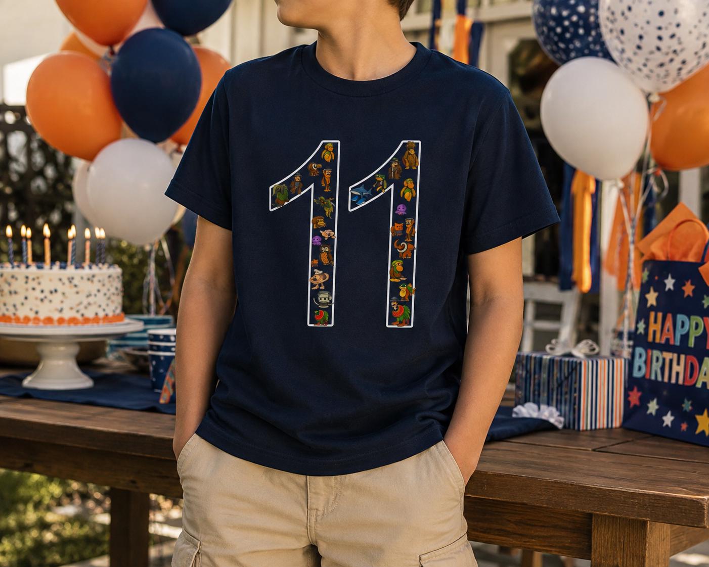 A person wearing a blue t-shirt with the number 11 on it stands in front of a birthday party setup, including a cake, balloons, and a "Happy Birthday" sign.