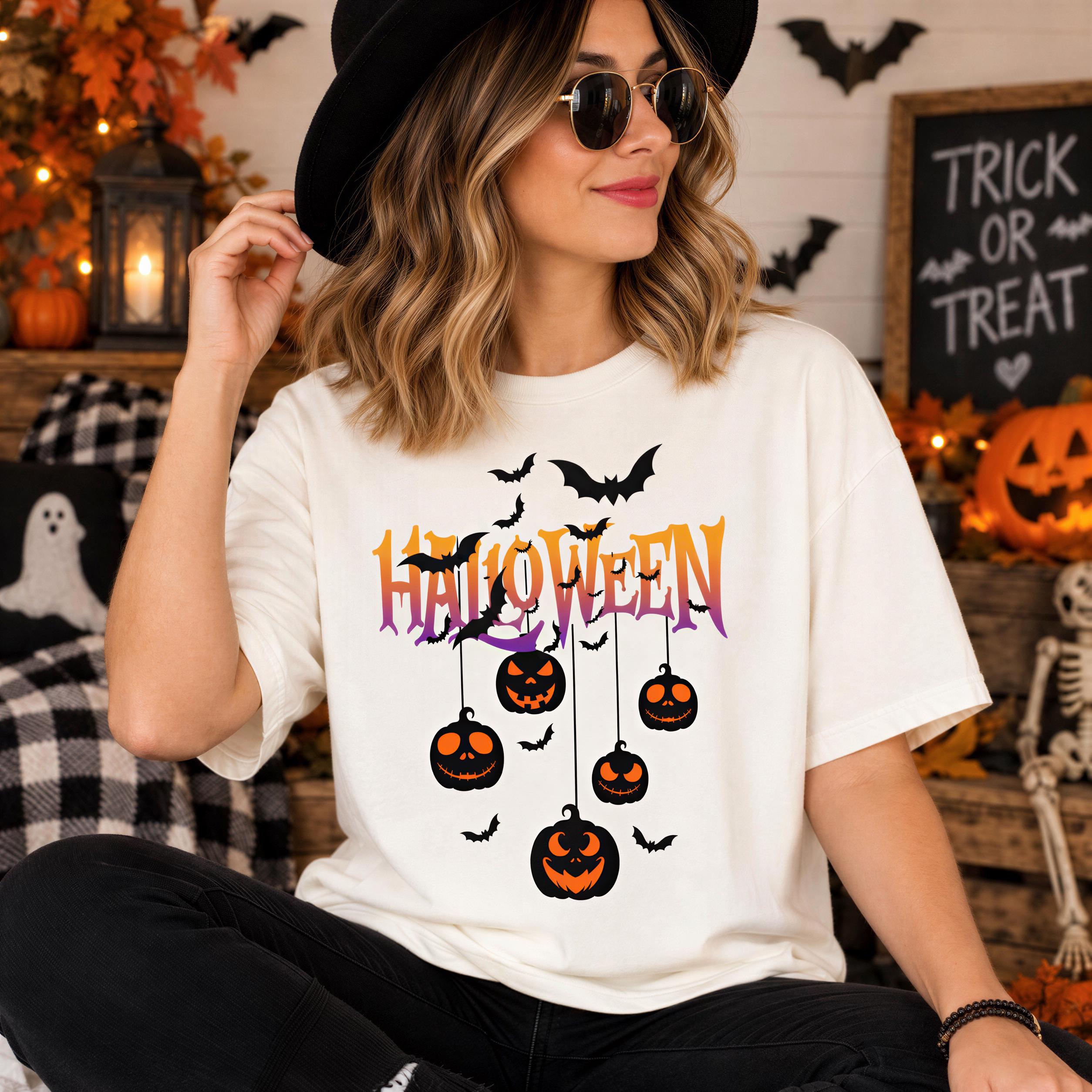 A woman wearing a white t-shirt with a Halloween design, including bats and jack-o-lanterns, is sitting in a Halloween-themed room with decorations and a chalkboard sign.