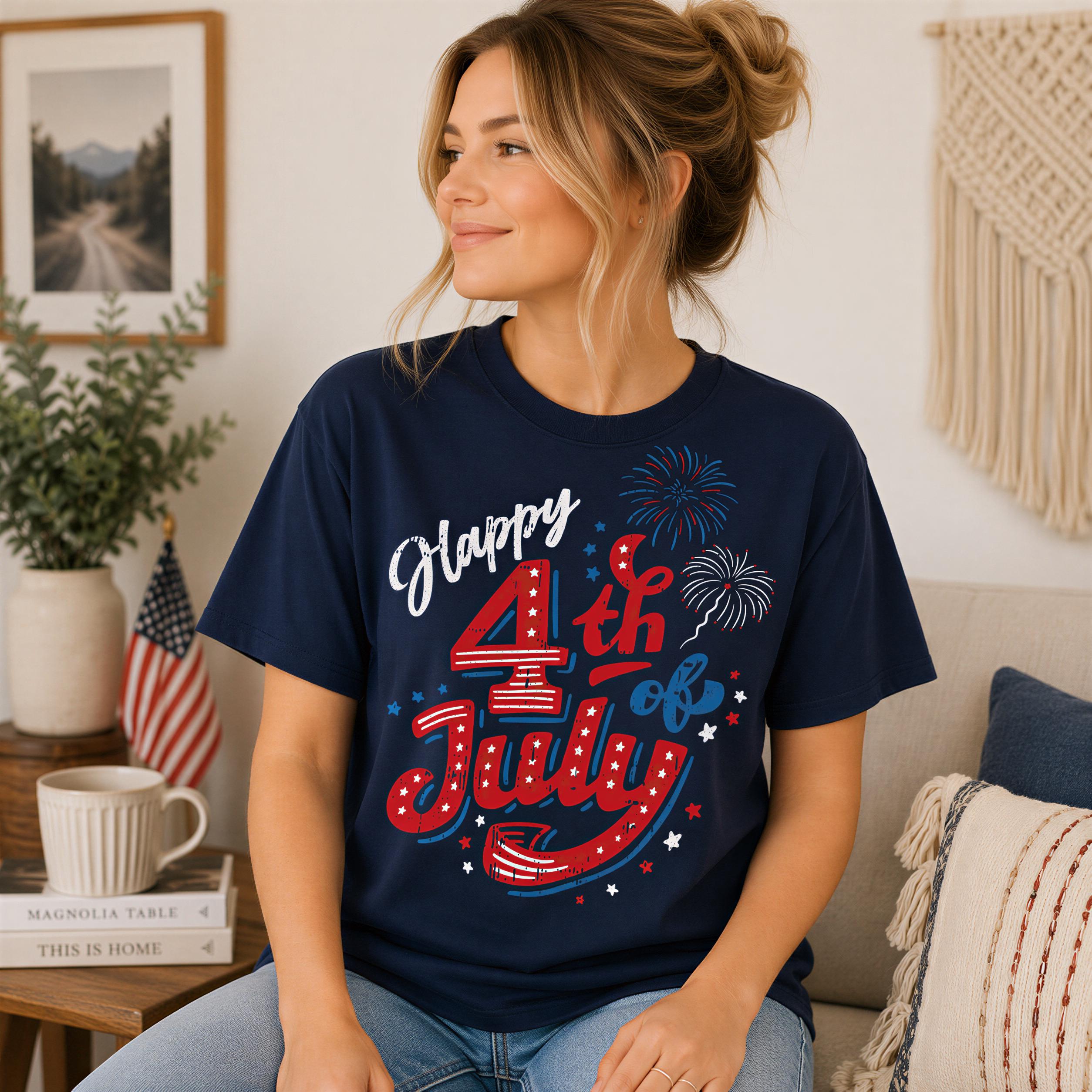 A woman wearing a navy blue t-shirt with a patriotic design celebrating the 4th of July, sitting on a couch with a potted plant and other decor in the background.
