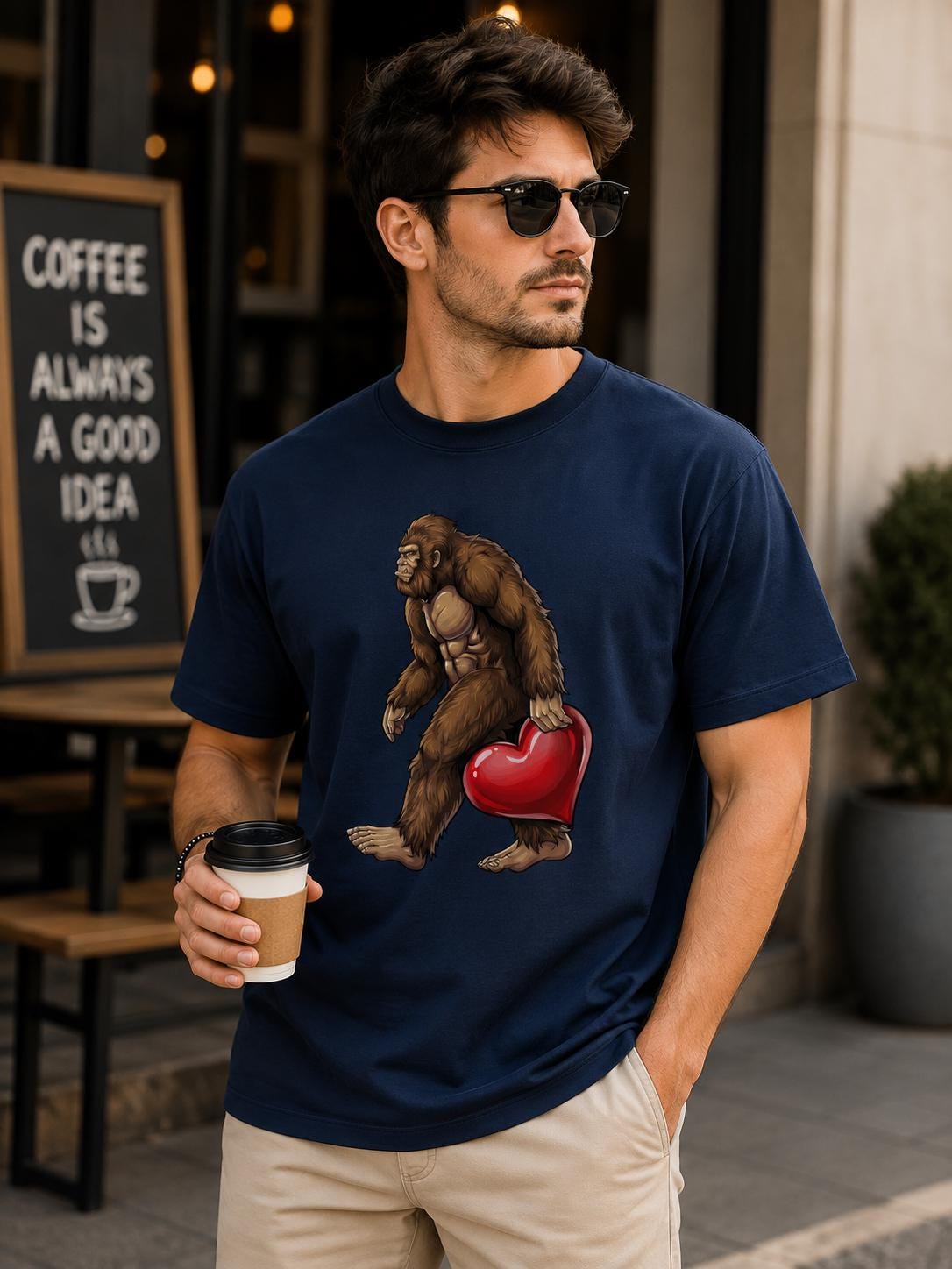 A man wearing a navy blue t-shirt with a graphic of a brown gorilla holding a red heart is standing outside a coffee shop. He is holding a coffee cup in his hand.