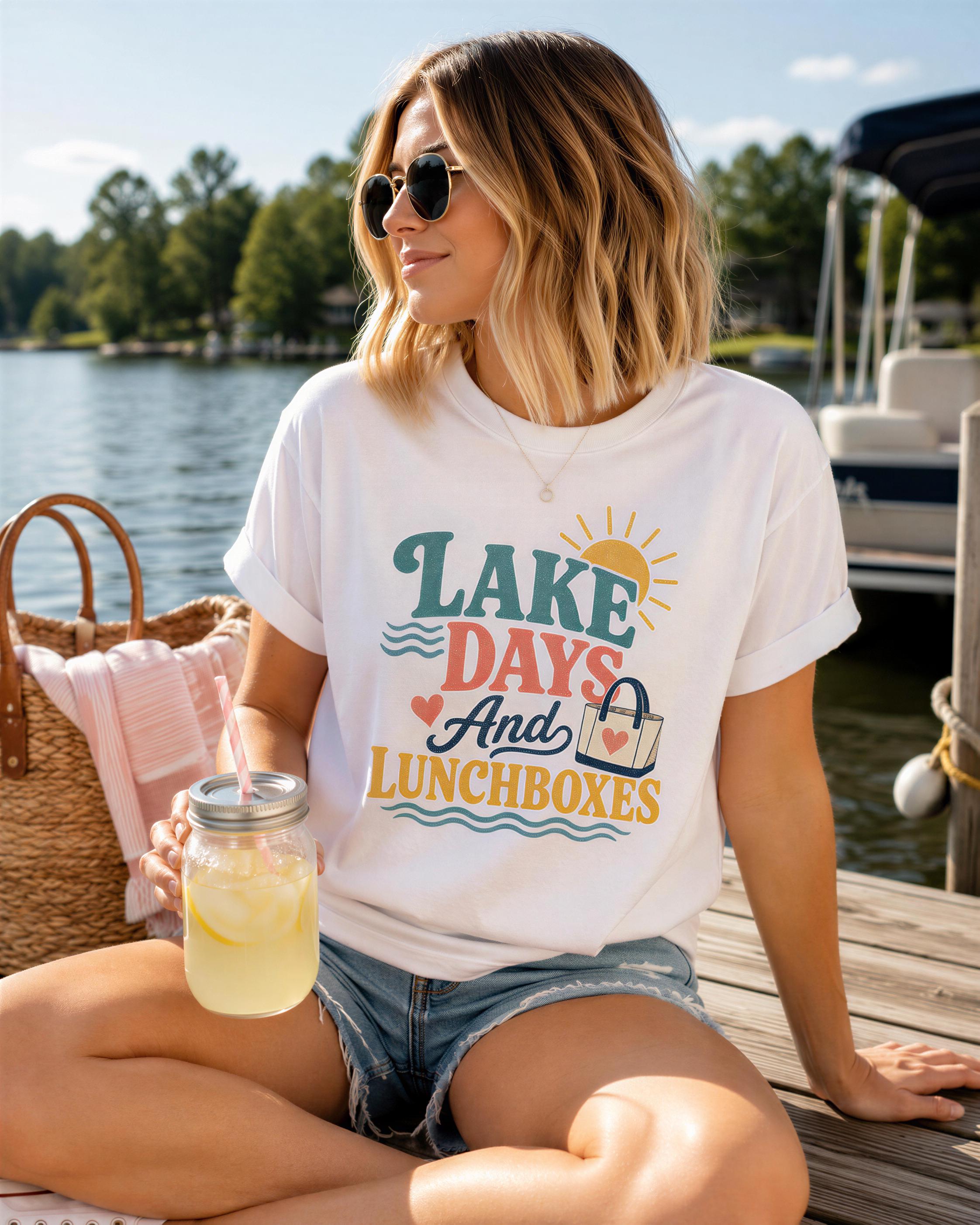 A woman sitting on a dock, wearing a white t-shirt with a colorful graphic and holding a glass of lemonade.