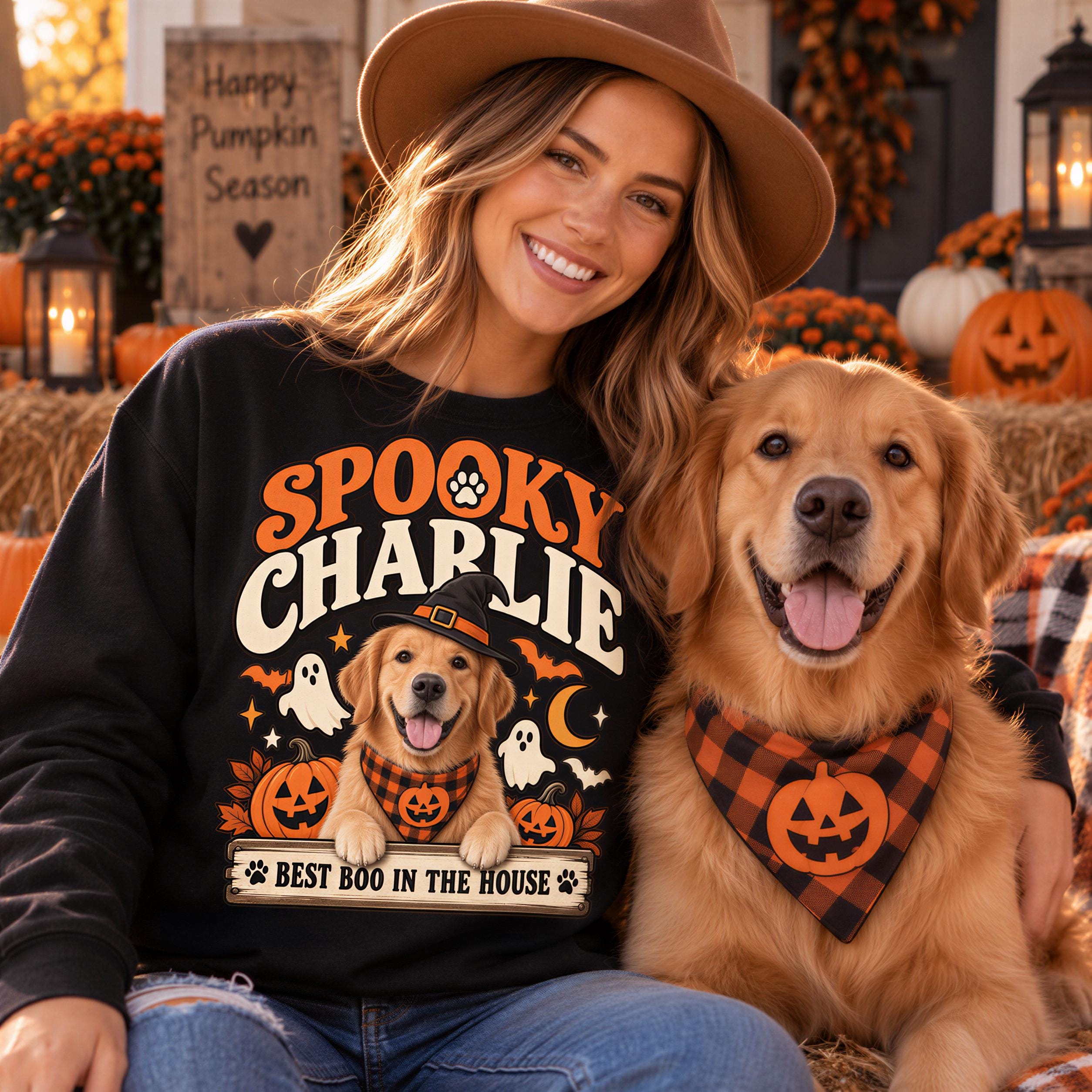 A woman wearing a black sweatshirt with a Halloween-themed design and a brown hat is sitting next to a golden retriever dog wearing a pumpkin-themed bandana.