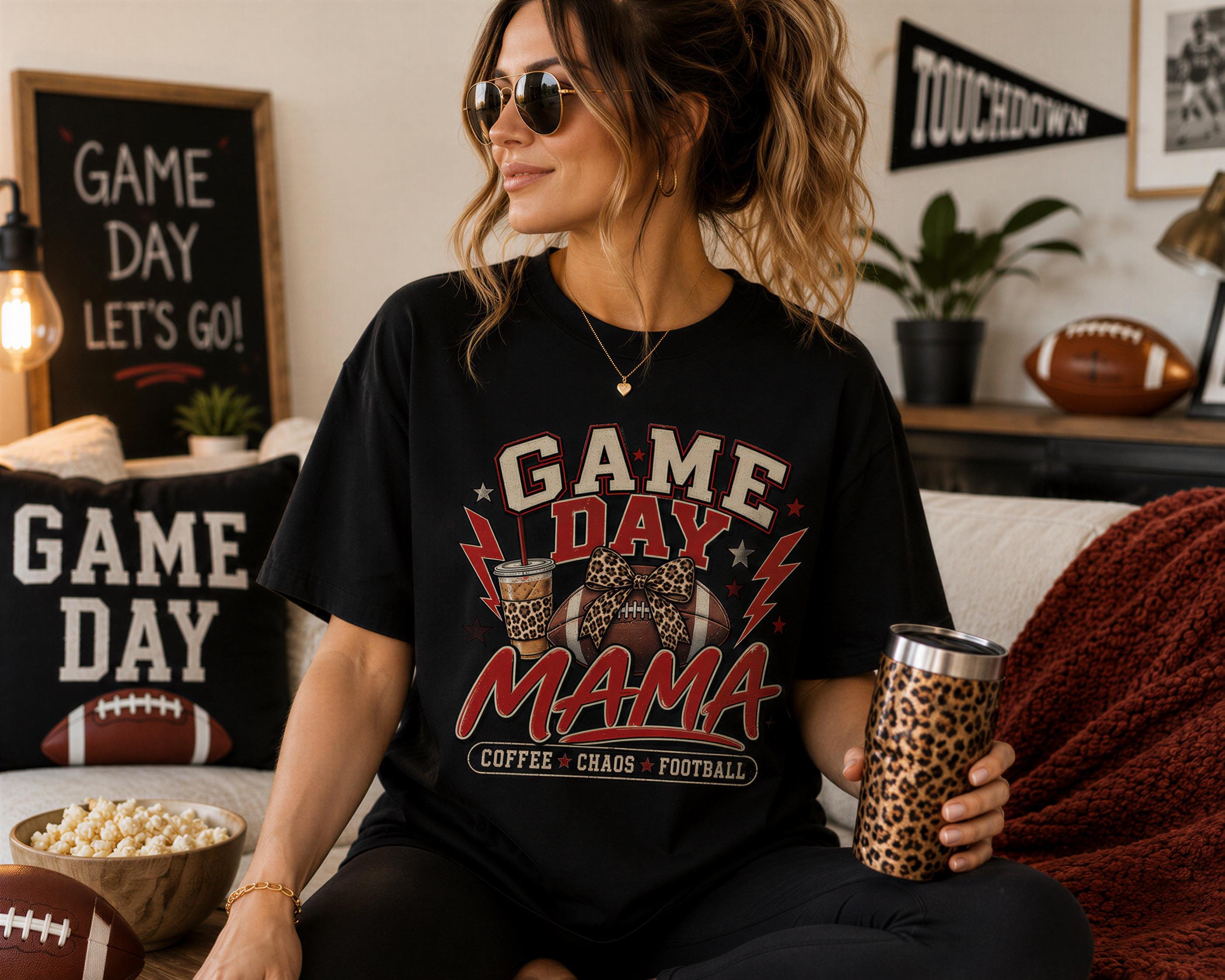 A woman wearing a black t-shirt with a graphic design and holding a leopard print coffee mug is sitting on a couch in a living room, with a football and a bowl of popcorn nearby.