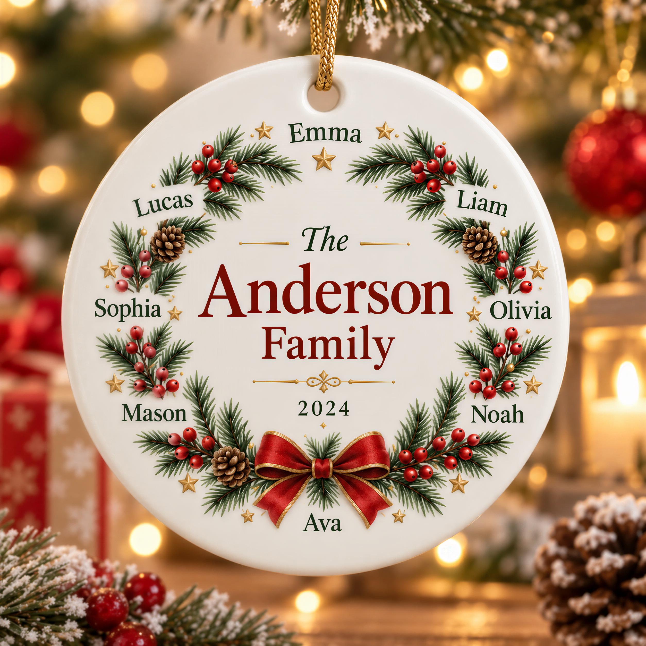 A white ornament with a wreath design, featuring the names of family members and the year "2024" on it.