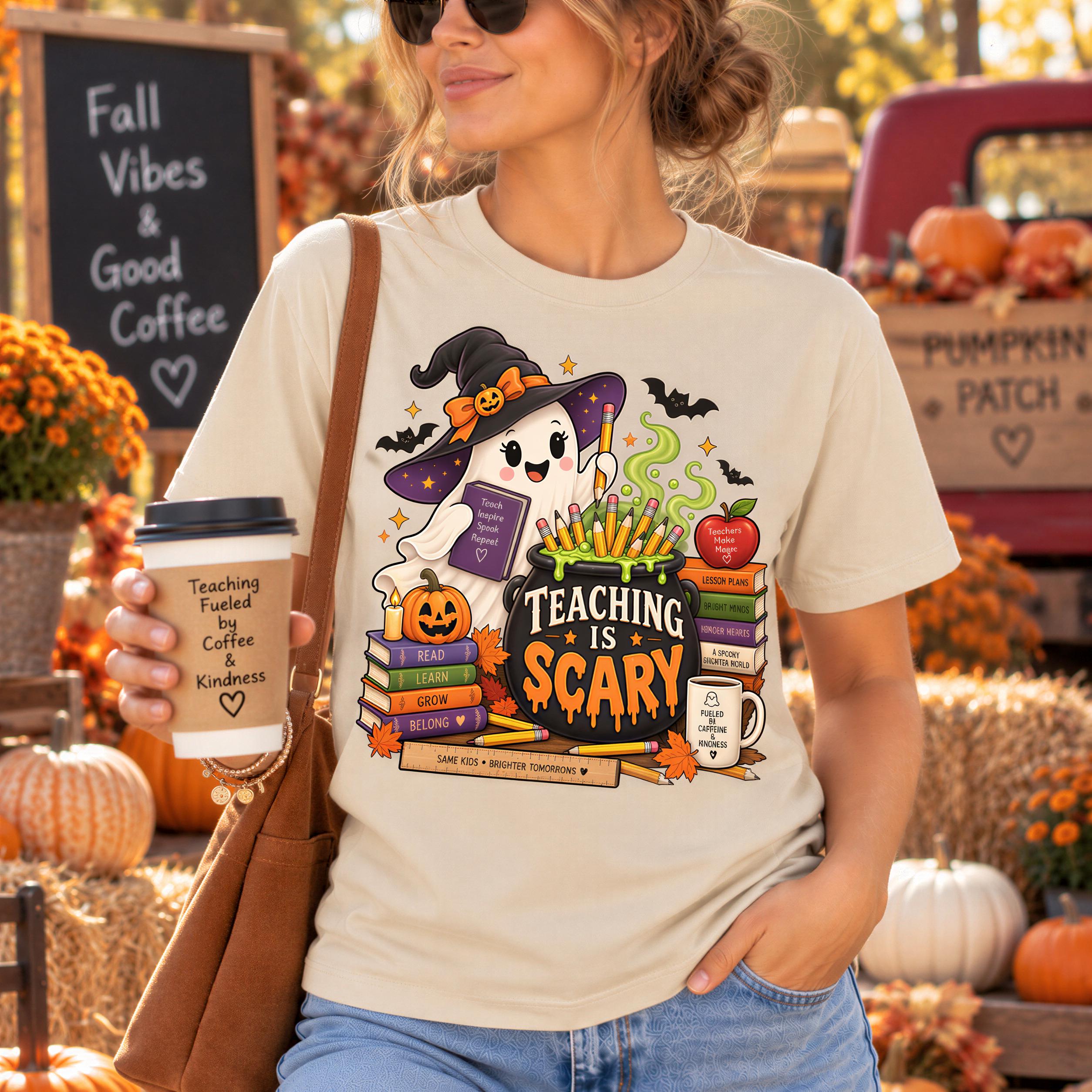 A woman wearing a white t-shirt with a Halloween-themed graphic and holding a coffee cup stands in front of a pumpkin patch.