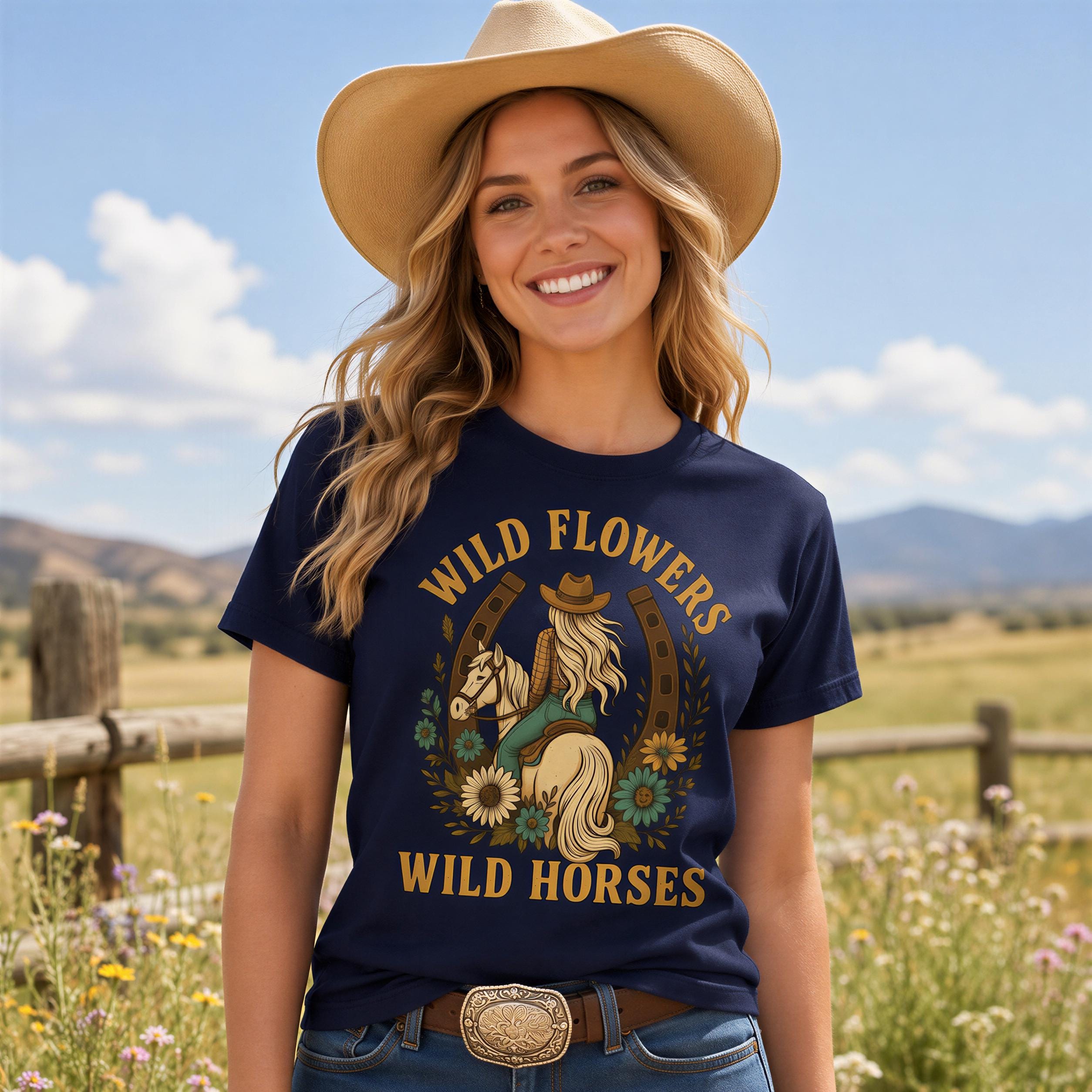 A smiling woman wearing a cowboy hat and a blue t-shirt with a graphic of a woman riding a horse, standing in a field with mountains in the background.